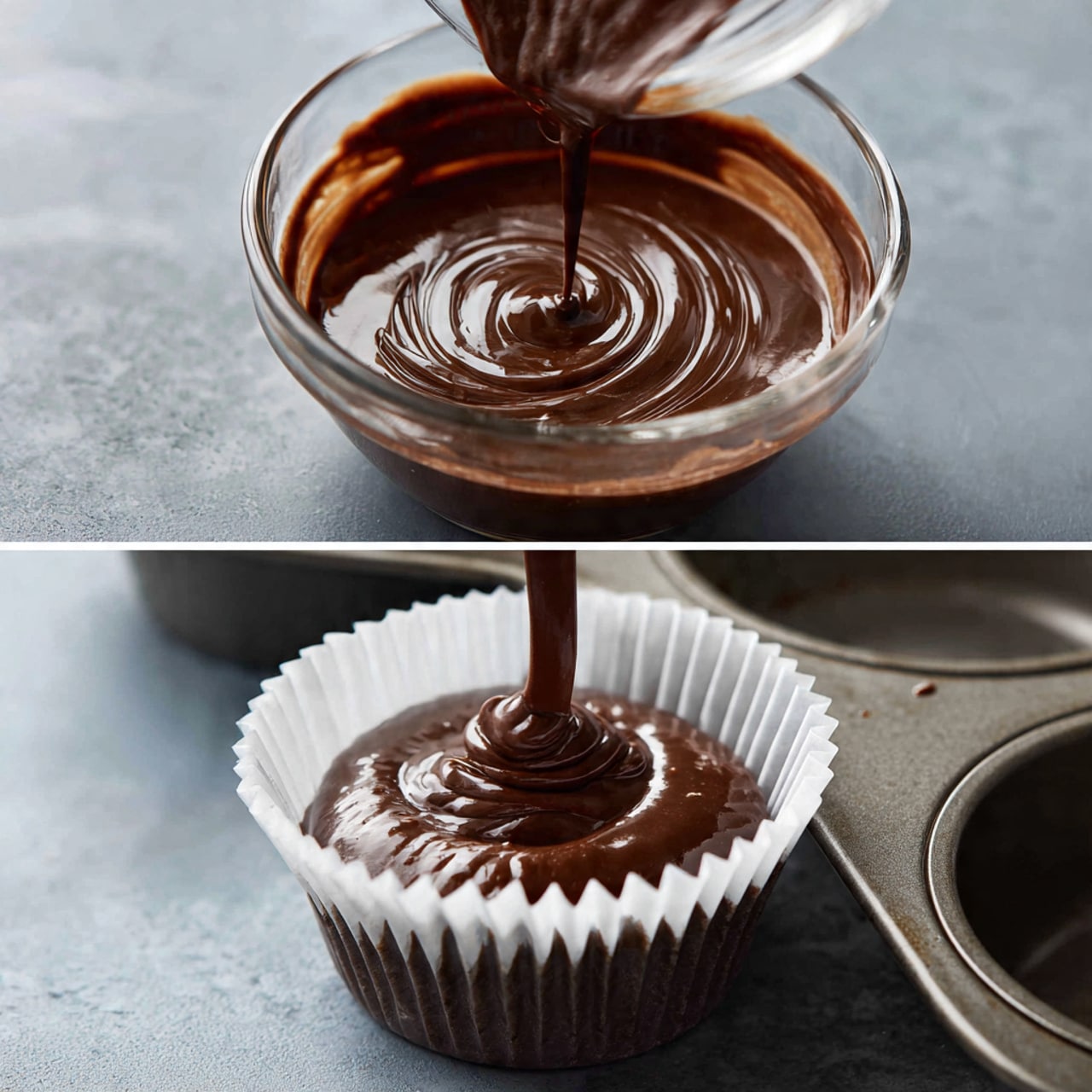 The image shows a group of chocolate cupcakes arranged closely together on a white marbled surface. Each cupcake has two clear layers: a darker chocolate cake base and a thick, smooth, shiny layer of rich chocolate frosting swirled on top. The frosting has visible swirled textures and a glossy finish that catches the light. All cupcakes are in white paper liners, adding a contrast with the dark brown colors of the cake and frosting. photo taken with an iphone --ar 4:5 --v 7