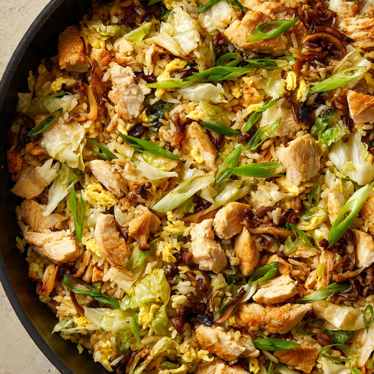 A bowl of stir-fried dish showing several layers: the bottom layer has light beige pieces of cooked chicken, mixed with soft yellow scrambled eggs scattered throughout. Above this are slices of brown shiitake mushrooms with darker gills and pieces of pale green cabbage that add a light crunch texture. Thin stalks of bright green onions are placed on top and around, adding fresh color. The bowl is white with a slightly rough brown rim and sits on a yellow fringed cloth, all placed on a white marbled surface. Photo taken with an iphone --ar 4:5 --v 7