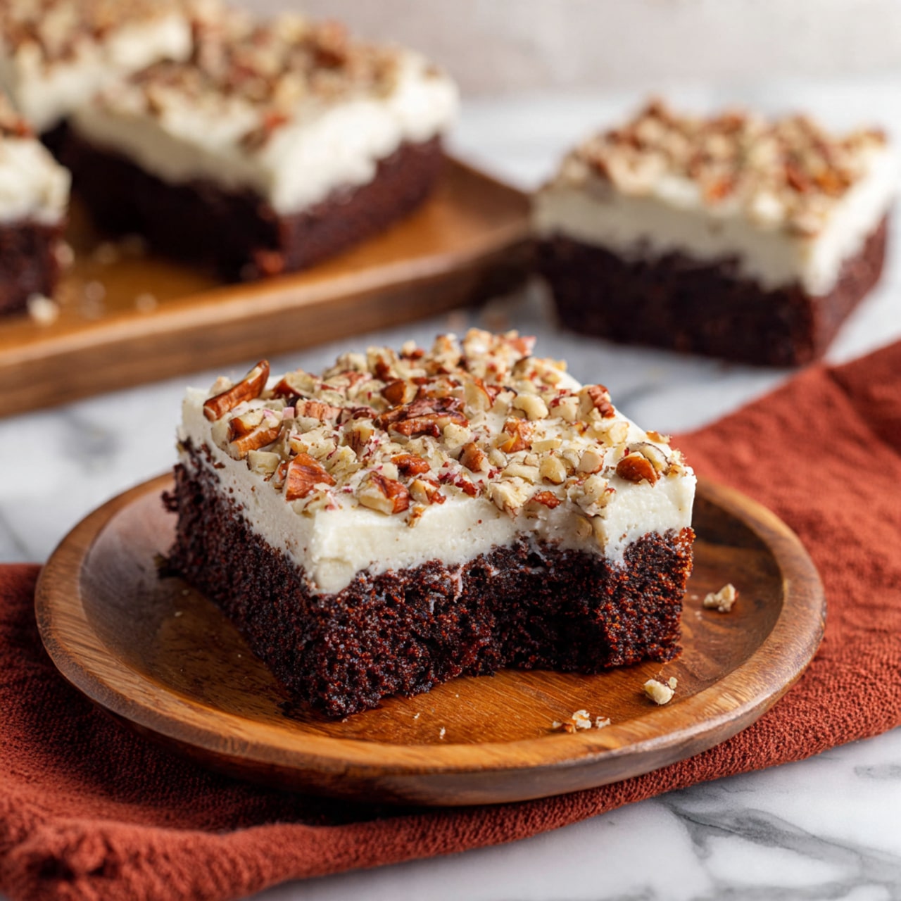 The image shows a square piece of chocolate cake on a round wooden plate. The cake has two layers: a dark brown, soft, crumbly base and a thick, creamy white frosting layer on top. The frosting is sprinkled with chopped pecans that add a textured, crunchy look. The cake piece has a tiny bite taken out of one corner, showing the moist inside. In the background, there are more pieces of the same cake on a wooden board. The scene is set on a white marbled surface with a rust-colored cloth partially in the foreground. Photo taken with an iphone --ar 4:5 --v 7
