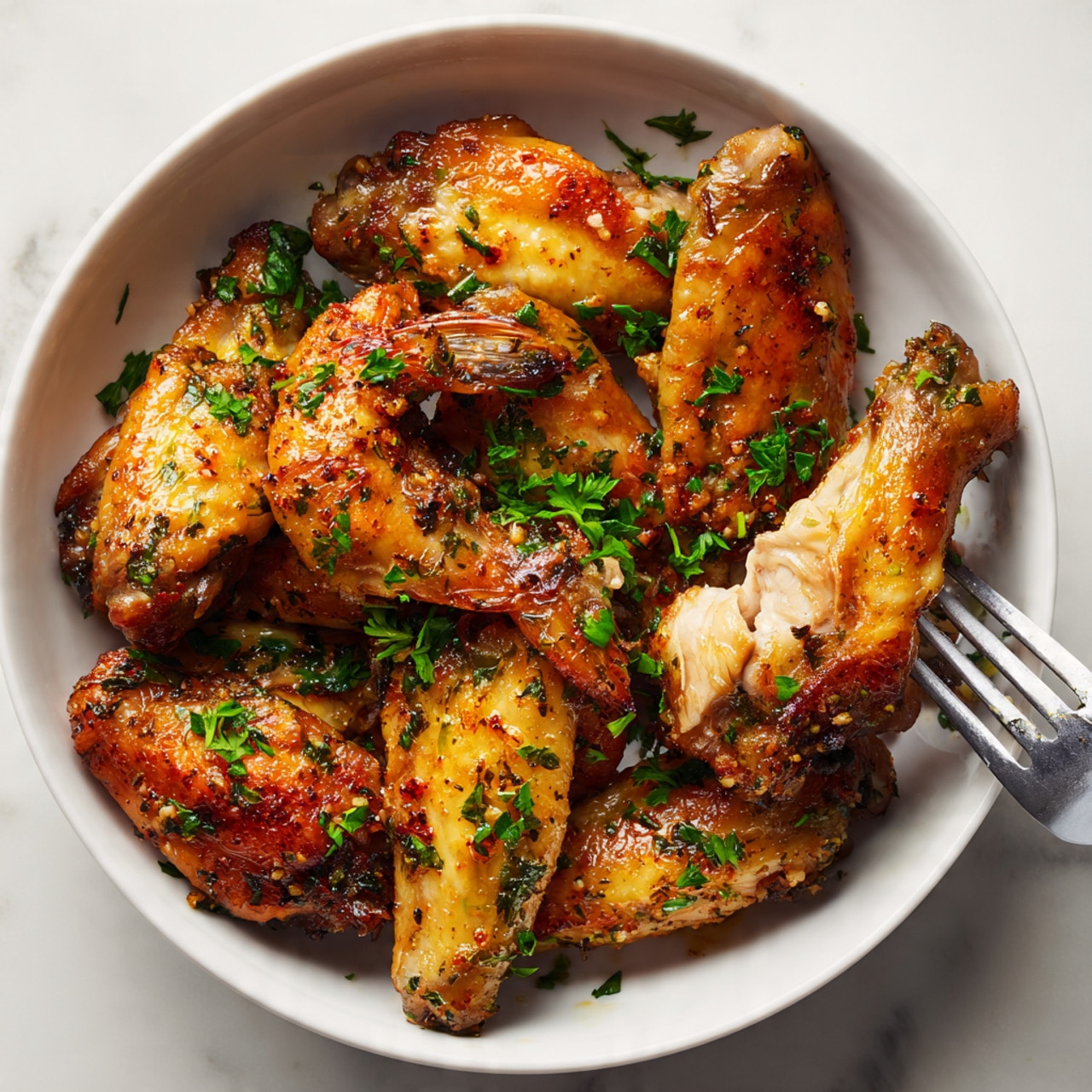 Inside a white pot, there are five cooked chicken pieces with a brown, slightly shiny surface showing cooked spices and juices. The inside sides of the pot have a brown stain from the cooking process. Small green herb leaves are scattered on top of the chicken, adding a fresh color contrast. The white pot sits on a white marbled surface, giving a clean and bright background. photo taken with an iphone --ar 4:5 --v 7