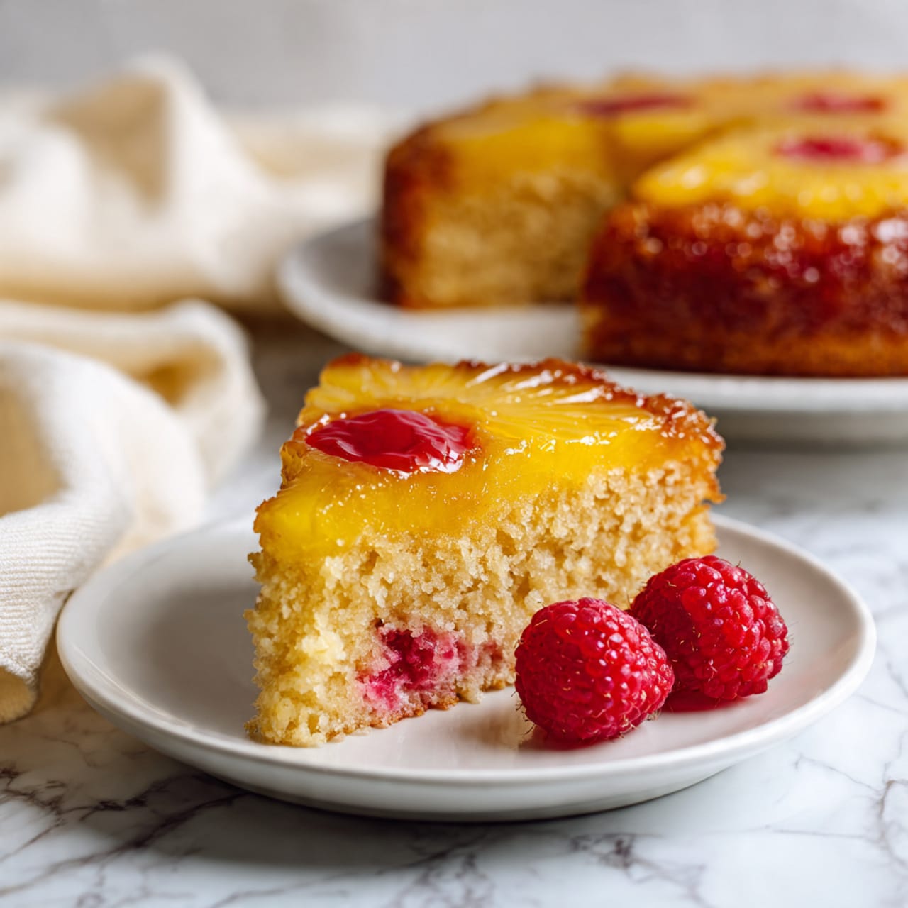 A slice of pineapple upside-down cake sits on a white plate, showing two main layers: the top layer is a glossy, bright yellow pineapple ring with a red raspberry center, and the bottom layer is a soft, light brown cake with small patches of pink raspberry baked into the side. The slice is thick and sturdy, with a slightly crumbly texture on the edges. Two whole fresh raspberries, bright red and textured, rest beside the slice. In the background, the rest of the cake is partially visible on a white plate, placed on a white marbled surface with a soft cream-colored cloth nearby. Photo taken with an iphone --ar 4:5 --v 7