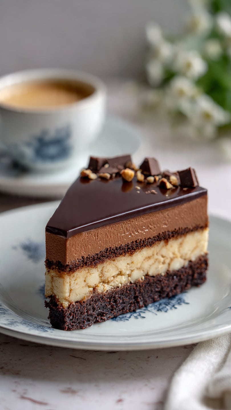 The image shows a round chocolate biscuit cake on a white plate with blue floral patterns, placed on a white marbled tablecloth with pink and blue flowers. The cake has one layer made of a dark chocolate mix combined with visible chunks of light-colored biscuit pieces spread evenly throughout. The top of the cake is coated with a smooth layer of dark chocolate, decorated with irregular pieces of chocolate along the edge. A slice of the cake is cut and slightly pulled away, revealing the thick, dense, and textured inside. In the background, there is a piece of the same cake on a plain white plate and a glass cup with a brown coffee or tea. photo taken with an iphone --ar 4:5 --v 7