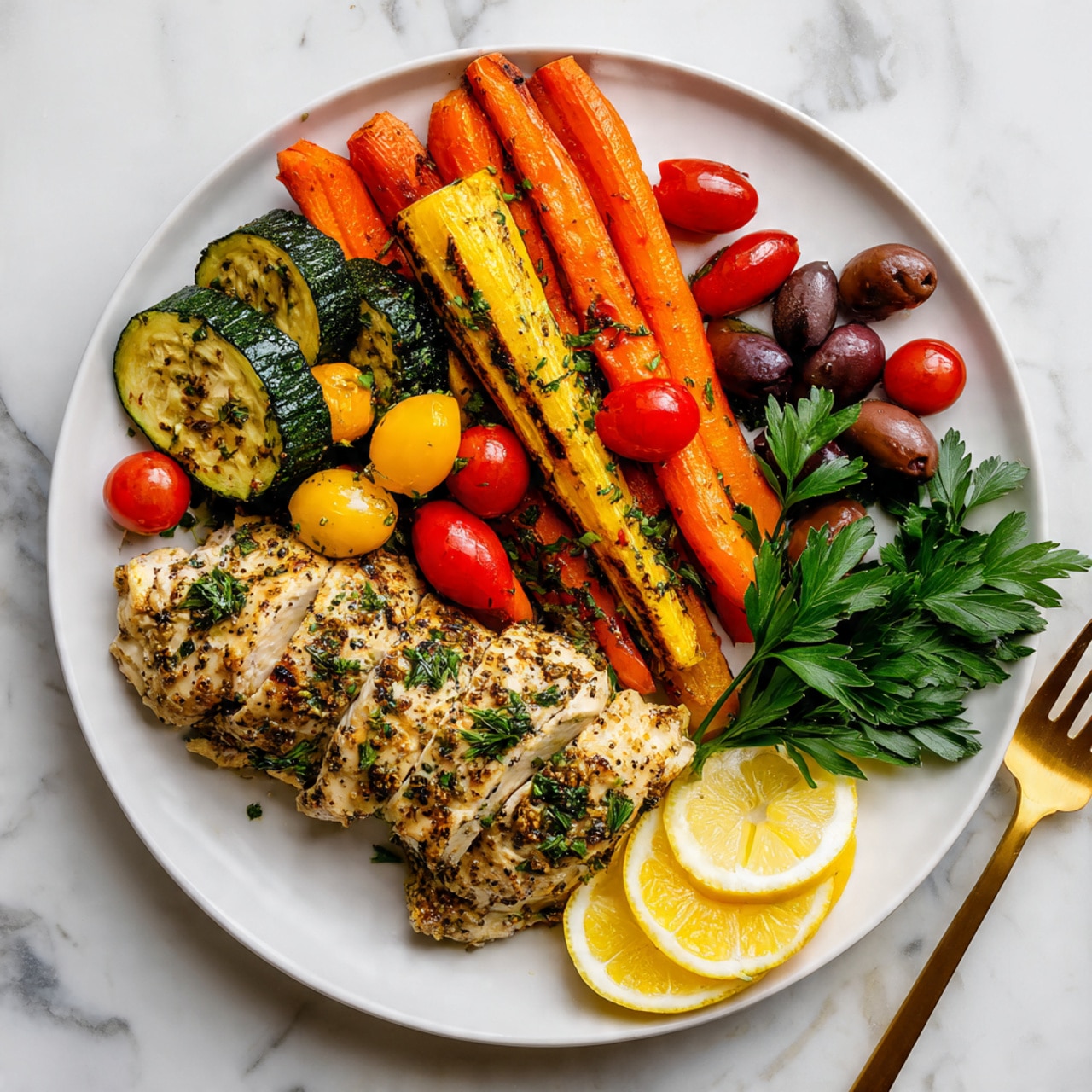 A baking tray filled with four cooked fish fillets seasoned with herbs and spices, each fillet topped with fresh green parsley leaves. Around the fish are roasted vegetables in layers: orange carrot strips, yellow and green zucchini slices, red and yellow cherry tomatoes, and strips of red bell pepper. Two lemon slices are placed on the tray near the fish, adding a bright yellow color. The fish and vegetables have a light roasted texture, with some black pepper visible. The tray is placed on a white marbled surface. Photo taken with an iphone --ar 4:5 --v 7