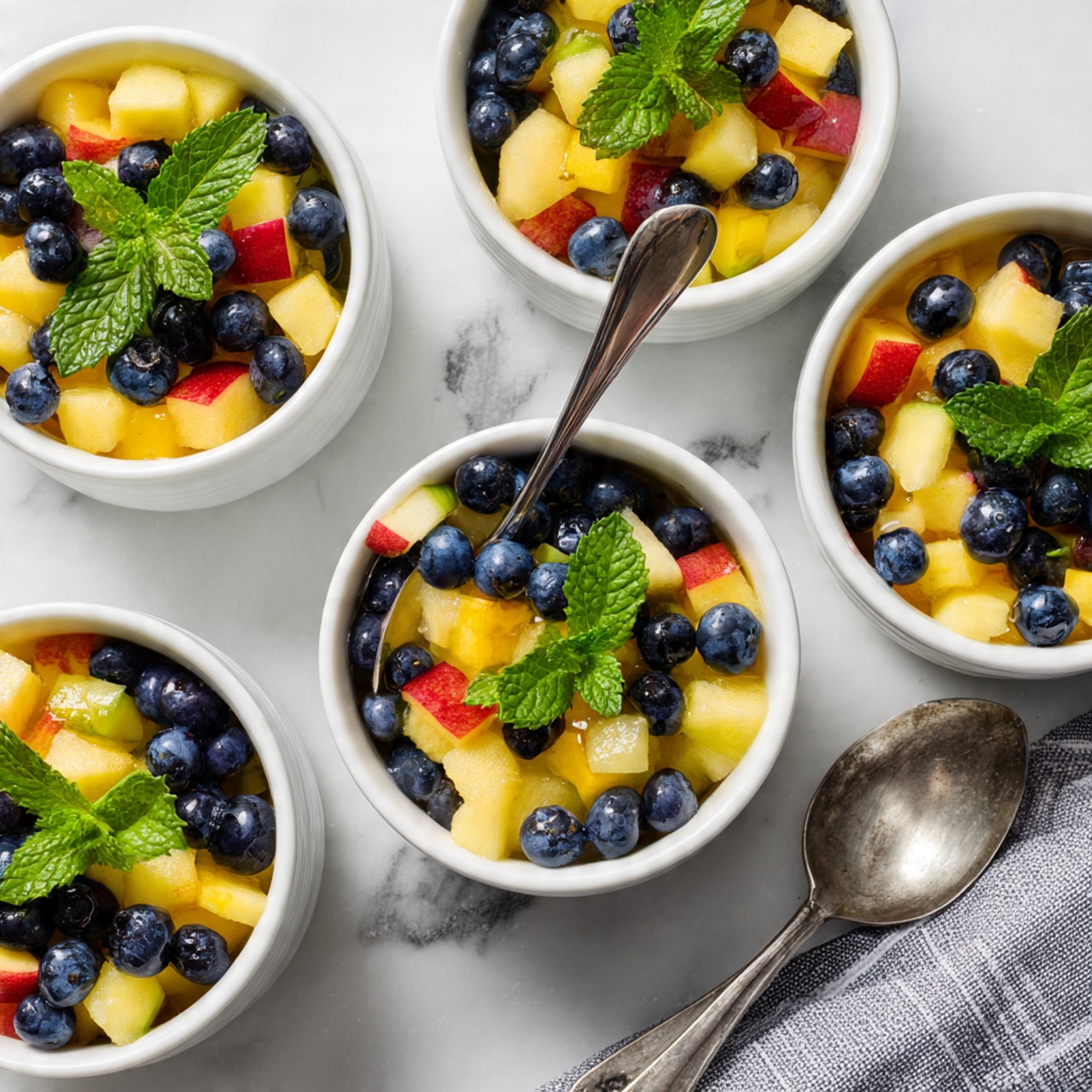 A white bowl filled with a colorful fruit salad containing multiple layers of chopped fruits such as light green and red apple pieces, orange segments, purple grapes, black blueberries, and white chunks of banana. There are some light beige chickpeas mixed in and fresh green mint leaves scattered on top and around the bowl. A silver spoon rests inside the bowl on the right side, and the bowl is placed on a white marbled surface with a gray and white striped cloth partially visible under the spoon. Photo taken with an iphone --ar 4:5 --v 7