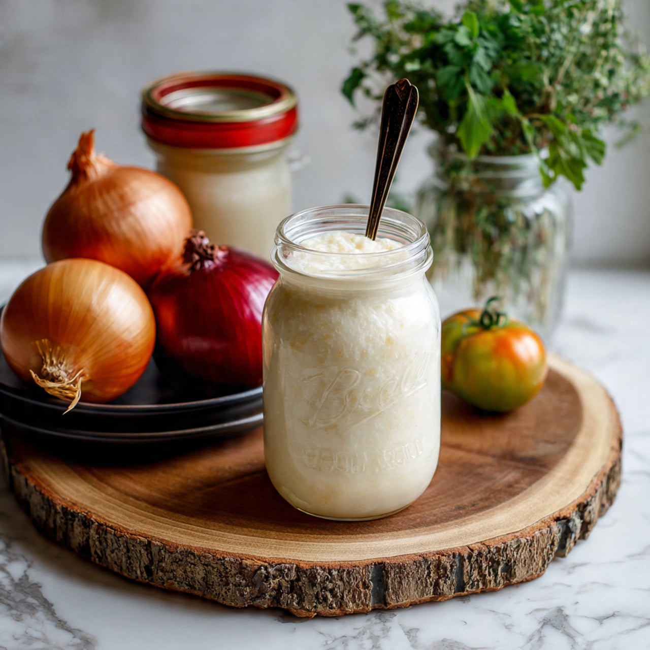 The image shows a clear glass bowl filled with several large pieces of fresh ginger. The ginger pieces are light brown with rough, knobby textures and some fibrous interiors visible where parts appear broken. The bowl rests on a wooden surface, but the background is softly blurred with green plants and a grayish wall. A woman's hand slightly touches the wooden surface at the bottom right corner, adding a natural touch to the scene. Photo taken with an iphone --ar 4:5 --v 7