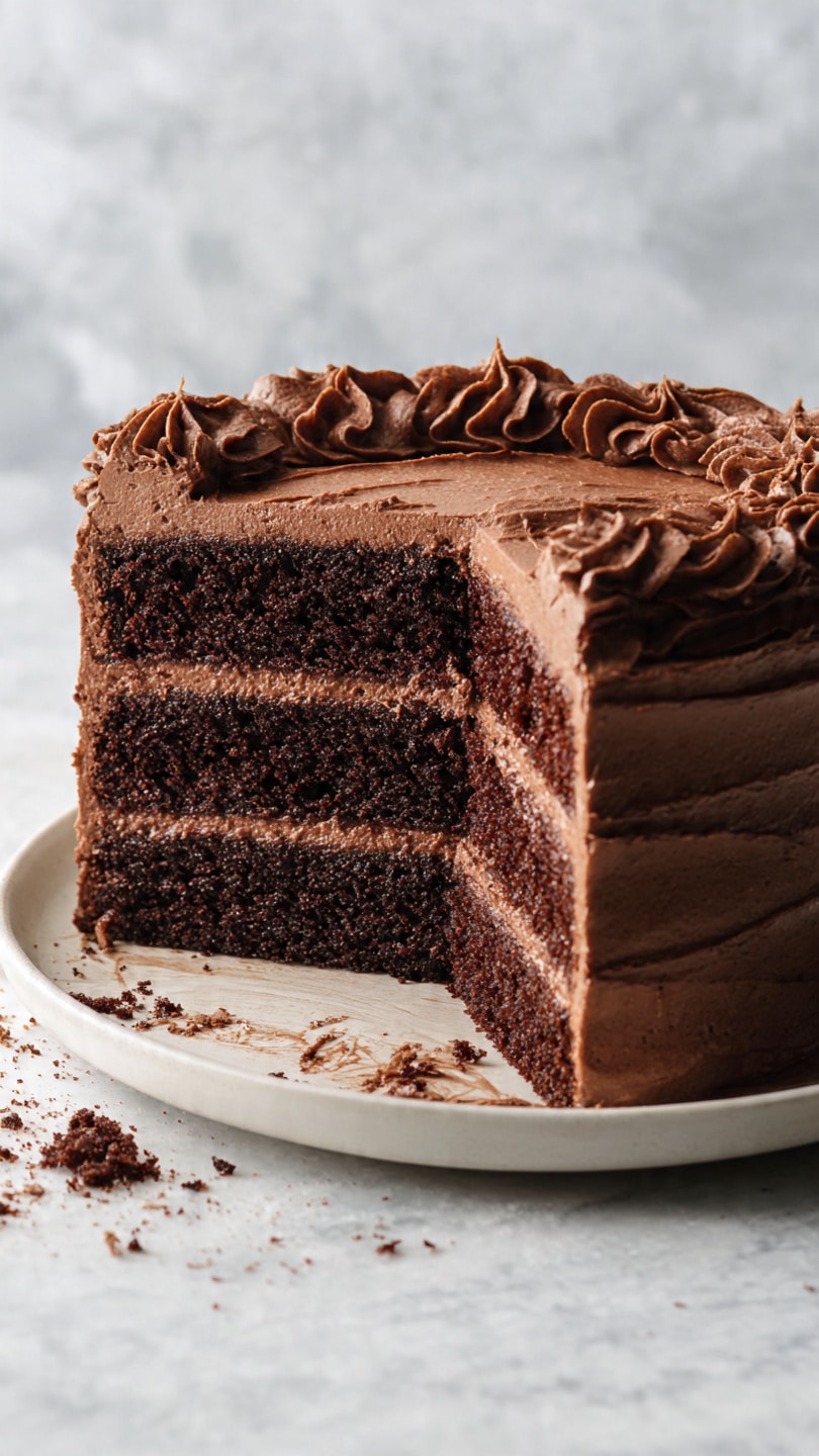 A four-layer chocolate cake sits on a white plate against a white marbled background. Each layer is dark brown and looks soft and moist. Between the layers, there is a thick spread of smooth, creamy chocolate frosting of a slightly lighter brown color. The entire cake is covered in the same creamy frosting, which has textured swirls on the top and sides. A section of the cake is missing, showing the inner layers clearly. Some crumbs and frosting pieces are scattered on the plate. Photo taken with an iphone --ar 4:5 --v 7
