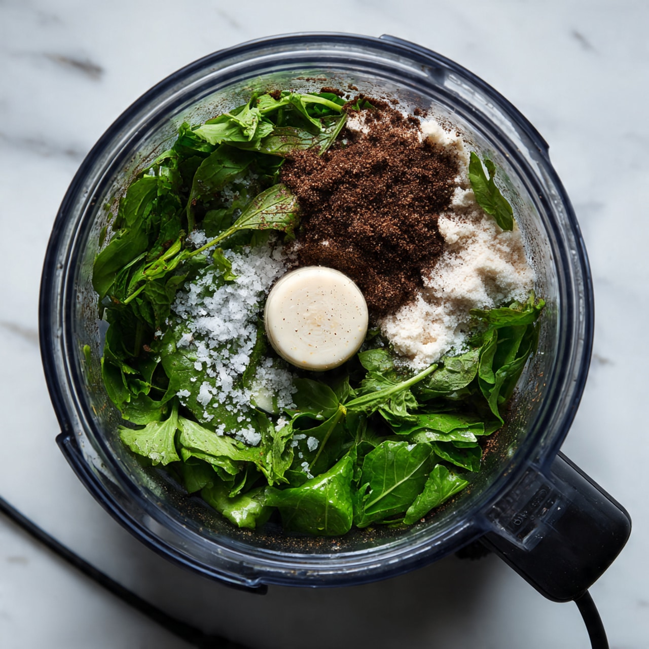 A top view of a small blender bowl filled with layers of fresh green leafy herbs on the bottom, a small white clove of garlic near the center, dark brown spice powder sprinkled on one side, and coarse white salt crystals scattered among the leaves, all placed on a white marbled surface. The blender's black power cord extends out of the frame, and the bowl has a shiny metal inside with a black outer edge photo taken with an iphone --ar 4:5 --v 7