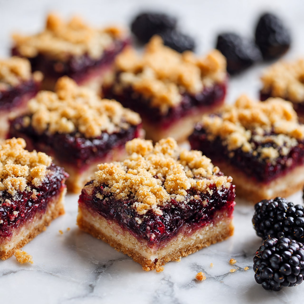 The image shows several square-shaped blackberry dessert bars on a white marbled surface, arranged closely in rows. Each bar has three visible layers: a bottom layer of light golden crust, a thick middle layer of dark purple blackberry filling with a glossy, jam-like texture, and a top layer of scattered golden crumb pieces. In the background, some fresh whole blackberries are casually placed on the white marbled surface. The bars look moist and fresh, with the crumb topping adding a rough, crunchy texture contrast. Photo taken with an iphone --ar 4:5 --v 7
