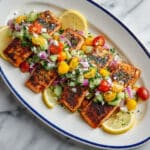 Mediterranean Salmon with Lemon-Olive Herb Glaze and Greek Vegetable Topping Recipe