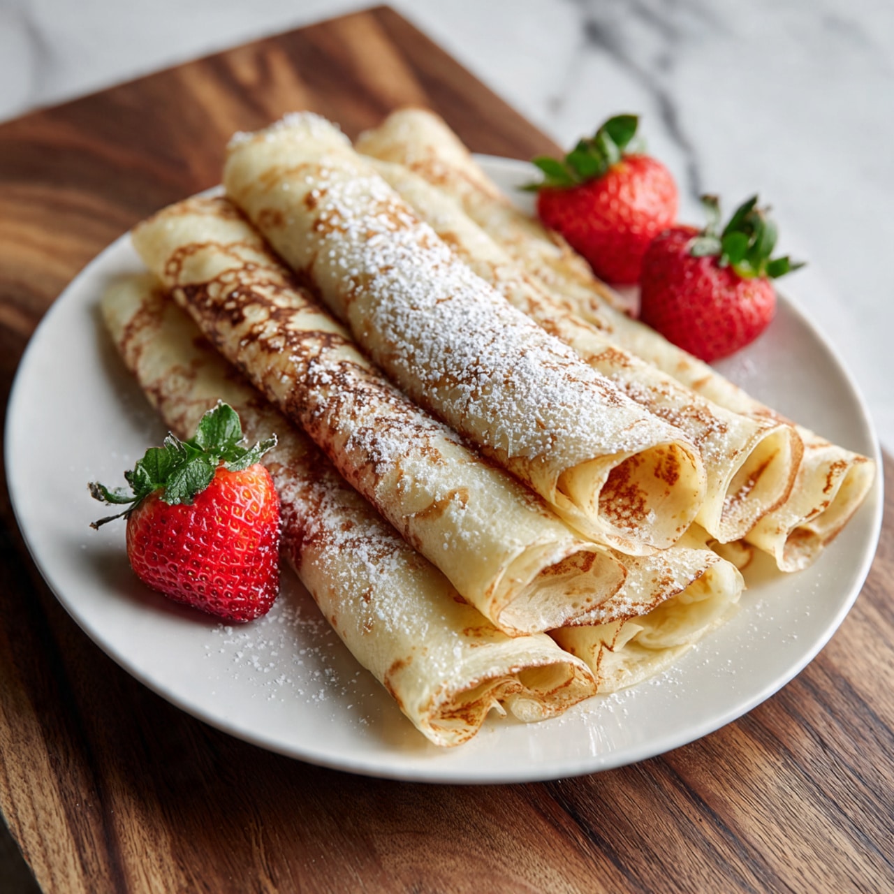 The image shows three thin, folded crepes arranged on a white plate. The crepes are light golden brown with a soft texture, each folded into a triangle and layered slightly overlapping. On top of the crepes there are dollops of white cream, fresh red strawberries sliced and whole, dark blue blueberries, and bright red raspberries. A dark brown chocolate sauce is drizzled over the crepes and fruit in thin lines. A light dusting of white powdered sugar is sprinkled over the whole dish. The plate sits on a white marbled surface. photo taken with an iphone --ar 4:5 --v 7