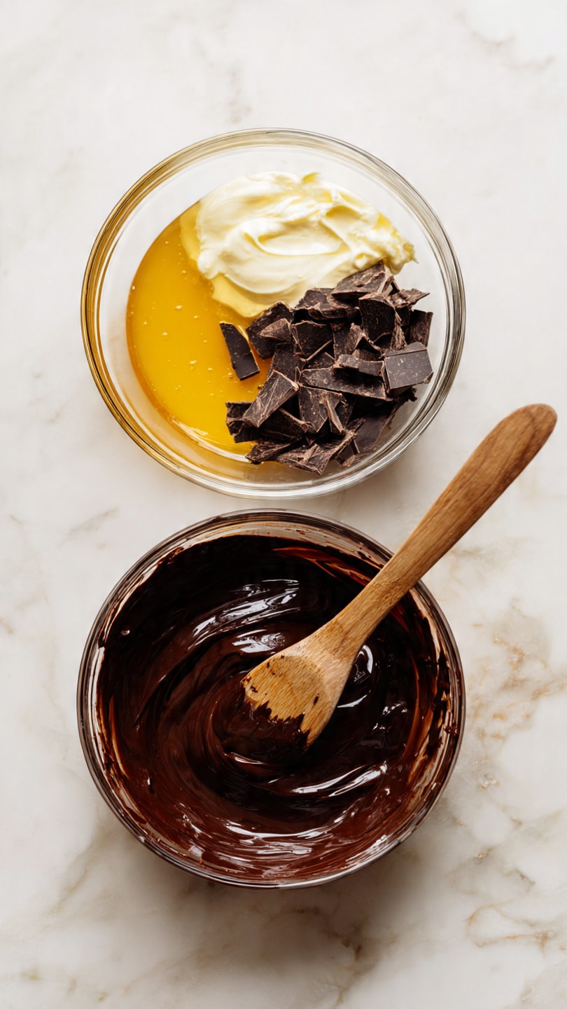 The image shows two clear glass bowls placed on a white marbled surface, side by side. The left bowl contains unmixed ingredients: shiny golden honey on the left, creamy white thick yogurt or cream on the right, and a pile of dark brown chopped chocolate pieces in the middle, creating a mix of three layers with different colors and textures. The right bowl shows the same mixture fully stirred into a smooth, glossy dark brown chocolate batter, with a wooden spatula coated in chocolate resting inside the bowl. Photo taken with an iphone --ar 4:5 --v 7