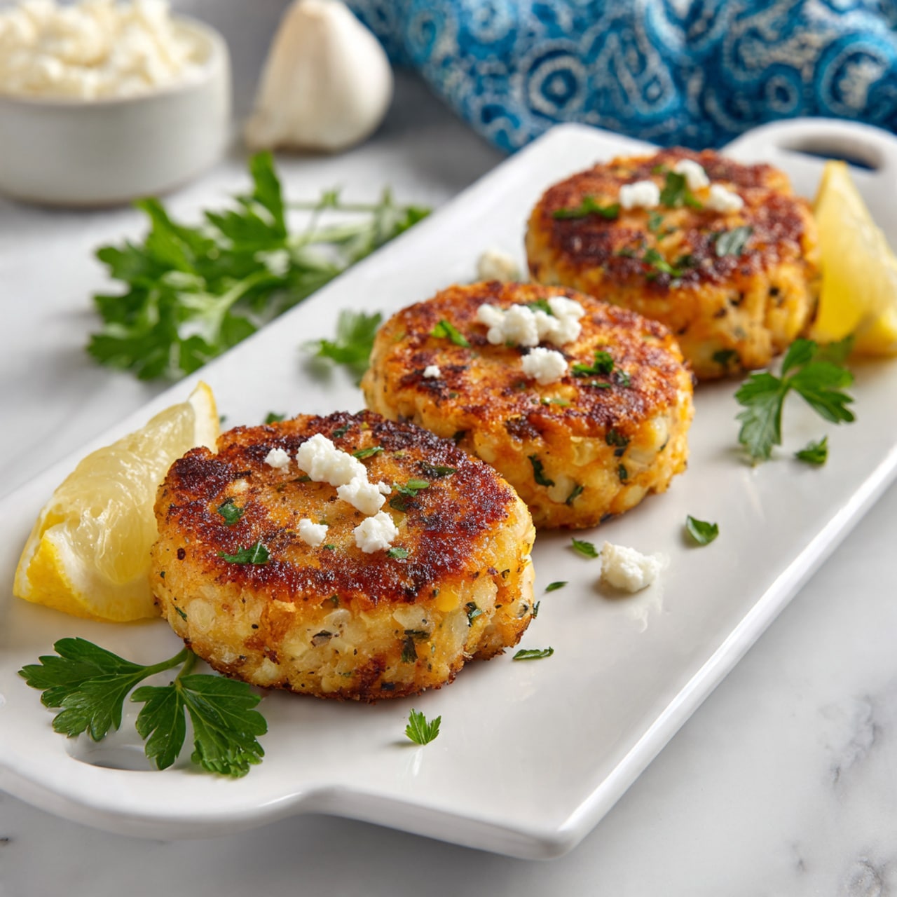 Three round, golden brown patties with a lightly crispy texture are arranged on a white plate. Each patty has small green herb pieces mixed in and is sprinkled with white crumbly cheese and fresh parsley leaves. On the top left side of the plate, there are three yellow lemon slices and some scattered parsley leaves and crumbs. The plate sits on a white marbled surface. photo taken with an iphone --ar 4:5 --v 7