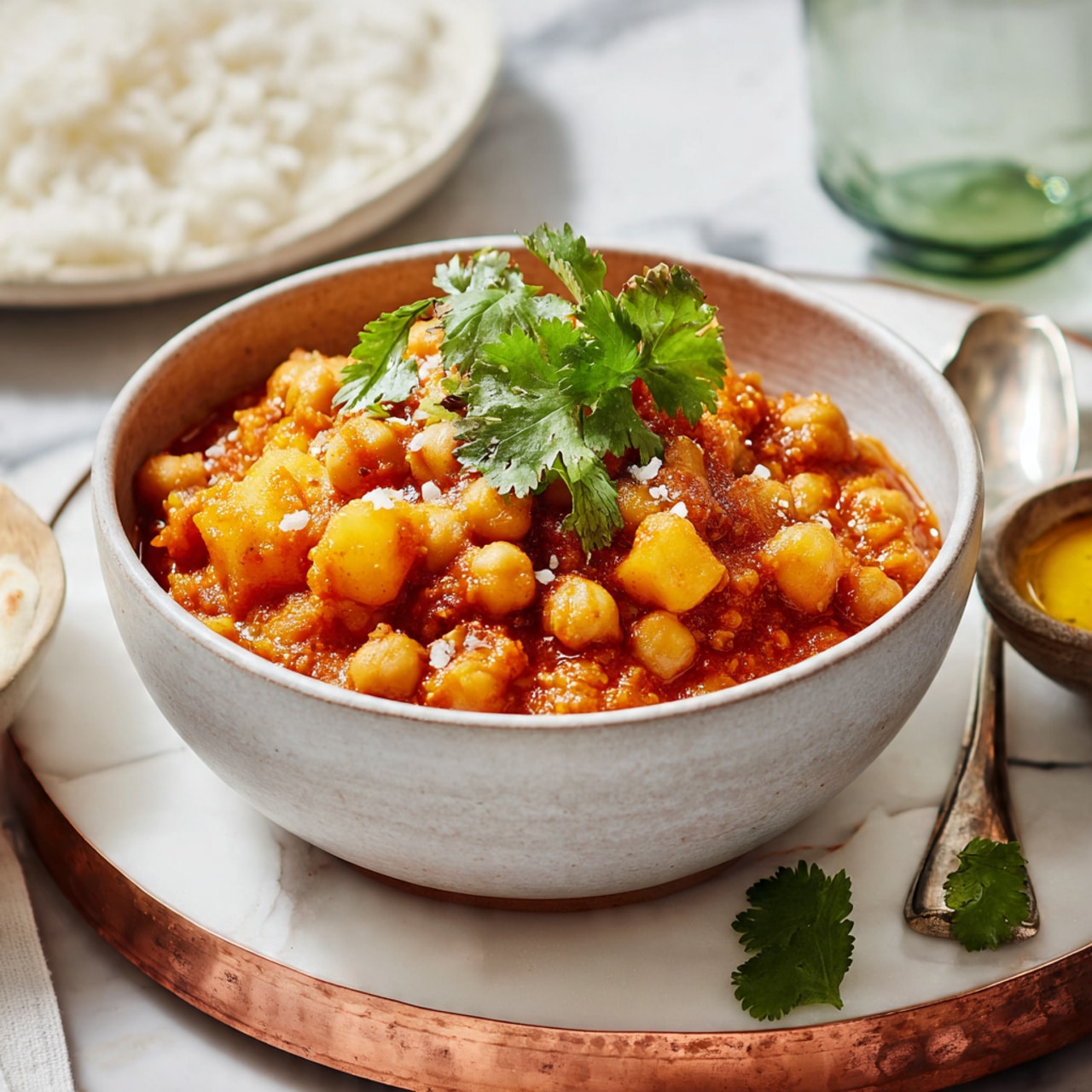 A close-up view of a light gray bowl filled with a warm dish made of chickpeas and small yellow potato pieces in a thick orange-brown sauce, topped with fresh green cilantro leaves scattered across the surface. The bowl sits on a round white marble board with a copper-colored rim, which rests on a white marbled surface. In the blurred background, there is a white plate with white rice and a green glass, along with a small clear bowl of yellow sauce with a spoon. A small cilantro leaf is also visible on the white marbled surface next to the board. Photo taken with an iphone --ar 4:5 --v 7