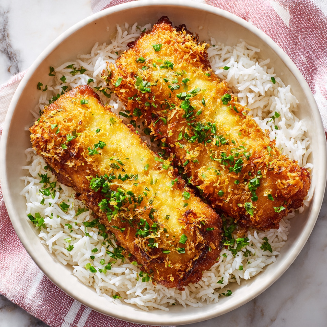 The image shows a white bowl with a base layer of fluffy white rice, topped with two golden brown fried fish fillets. One fillet is whole and crispy, while the other is pierced by a silver fork held by a woman's hand, lifting a piece to show the soft, white flaky inside of the fish. Small green herb bits are sprinkled on the fish for color contrast. The background features a white marbled surface with part of a skillet and a checked red and white cloth. photo taken with an iphone --ar 4:5 --v 7