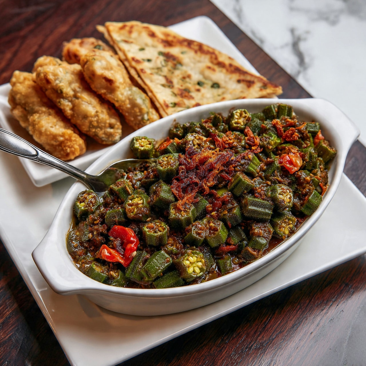 The image shows a white oval dish filled with a cooked vegetable mixture. The dish contains chopped dark green okra pieces mixed with small bits of cooked onions and diced tomatoes, which add red and light brown colors. Some sliced green chili peppers are scattered throughout. The texture looks soft with some slight caramelization, giving a warm, slightly crispy look on top. A black spoon rests inside the dish, partially covered by the vegetable mix. On the edge of the plate below, there are some golden fried items partially visible. The dish sits on a white marbled surface. Photo taken with an iphone --ar 4:5 --v 7