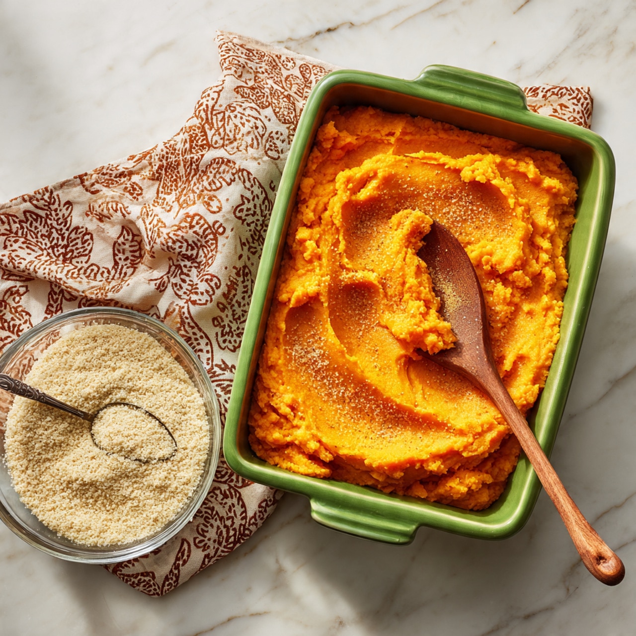 A green baking dish filled with two visible layers: a thick, soft orange sweet potato base that looks creamy and smooth, topped evenly with a fluffy layer of toasted marshmallows that are golden brown and slightly crispy on top. A silver spoon rests in the dish, scooping some of the sweet potato layer revealing its dense, moist texture. The dish is set on a white marbled surface with a pink cloth nearby. Photo taken with an iphone --ar 4:5 --v 7