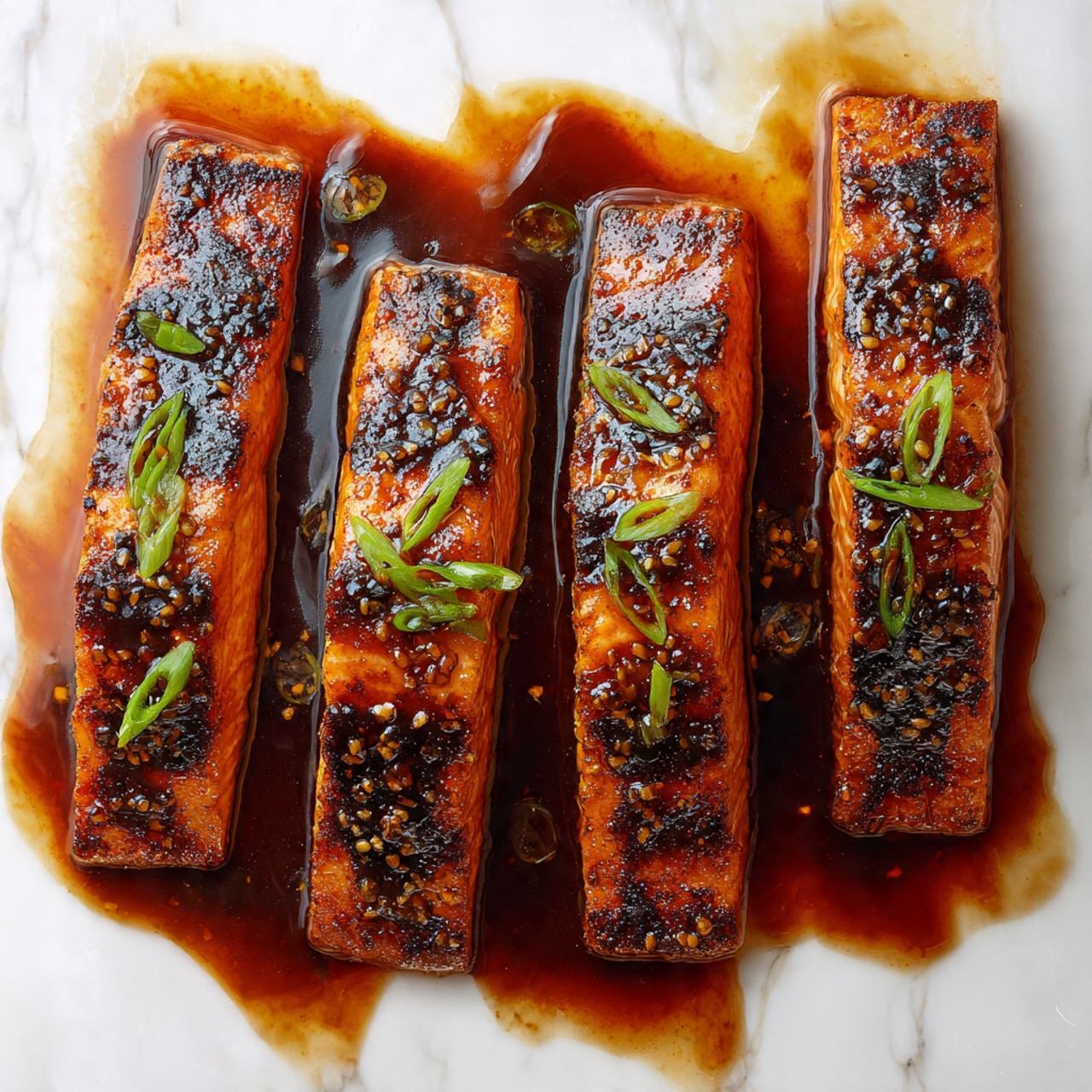 The image shows a white plate with three main layers: the bottom layer is a bed of small, pale yellow couscous with a soft, round texture spread evenly across the plate, the middle layer consists of bright green, charred asparagus spears arranged neatly on one side, and the top layer features a thick, glazed salmon fillet with a dark brown, glossy sauce and small green herb pieces sprinkled on top. A fork is cutting into the salmon, revealing its light pink, flaky inside. The plate is set on a white marbled surface, with a blurred background showing another similar plate and a bowl of chopped green herbs. Photo taken with an iphone --ar 4:5 --v 7