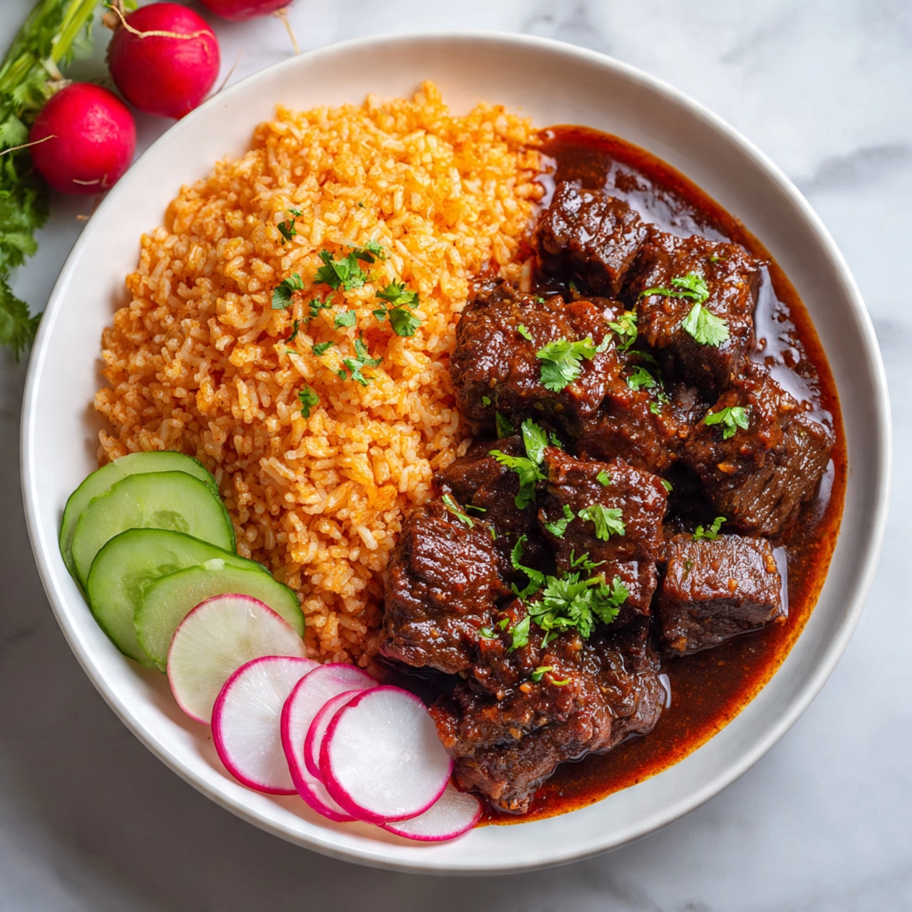 A white bowl holds three main layers of food arranged side by side: on the left is a mound of bright orange rice with a fluffy texture and some visible small bits of red pepper, in the center, there are dark brown chunks of meat covered in a rich, glossy sauce with a slightly thick consistency, and on the right, a pile of shiny black beans with smooth skins. The bowl sits on a white marbled surface, with a partial view of a lime half and white tortillas on the side. Photo taken with an iphone --ar 4:5 --v 7