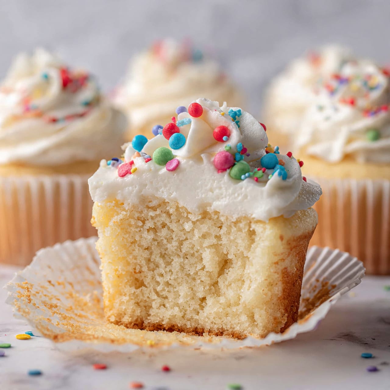 The image shows a yellow cupcake with a light brown base, surrounded by a peeled-back, crinkled white paper wrapper. On top, there is a thick swirl of smooth, white cream frosting that is puffy and textured with curved ridges. A bright red raspberry sits on the peak of the frosting as a finishing touch. Around the cupcake, there are several whole red raspberries scattered on a white marbled surface. In the background, two more cupcakes with the same frosting and raspberry topping are slightly out of focus, adding depth to the scene. Photo taken with an iphone --ar 4:5 --v 7