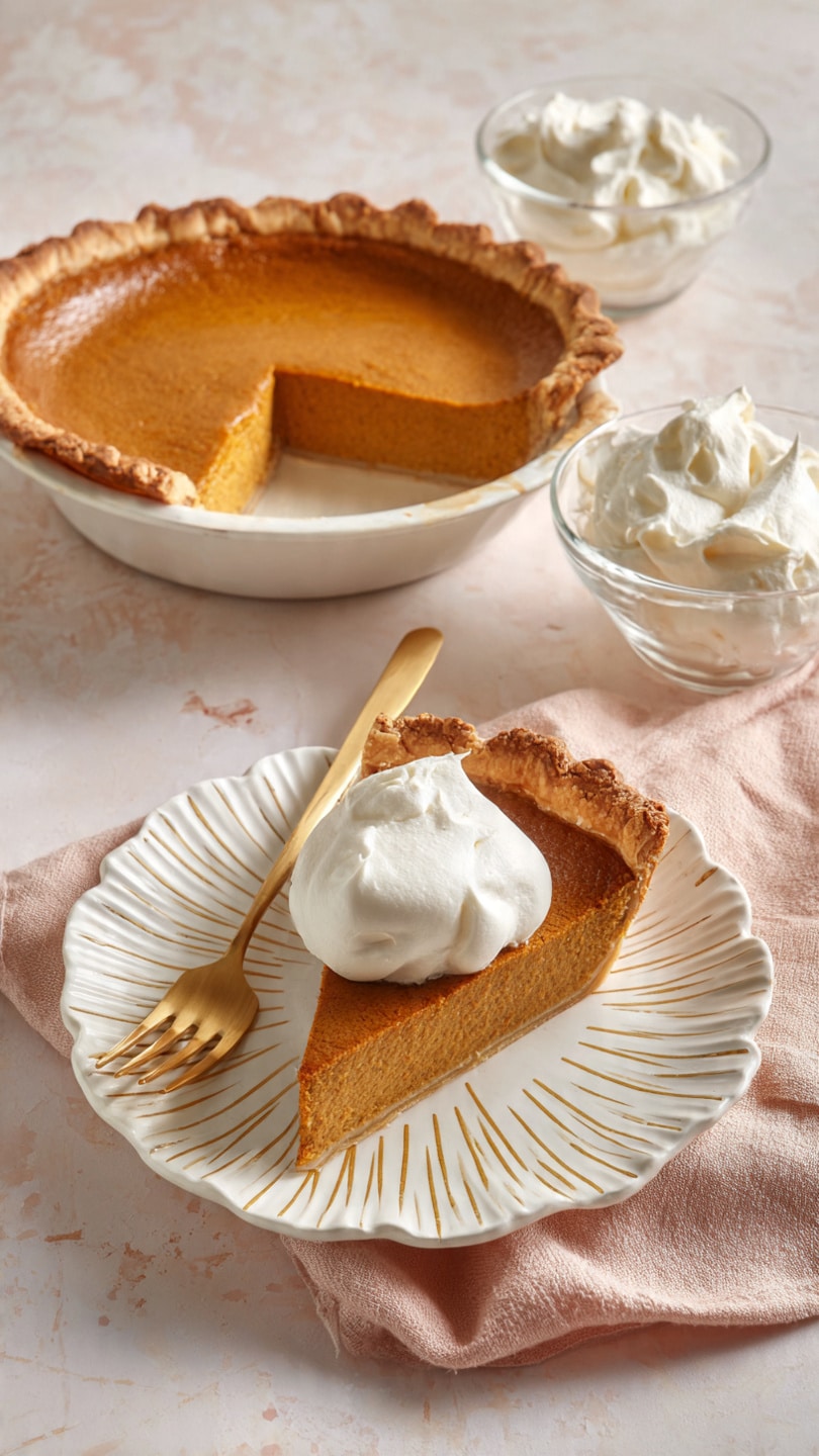 A round golden brown pie with a slightly cracked and textured top sits on a white and gold tray, with one slice removed. The pie’s surface shows soft peach-colored fruit pieces embedded under the crust. The single slice on a white scalloped plate is topped with a dollop of smooth, white cream. The plate and tray are placed on a pink tablecloth with a subtle floral pattern, and nearby are two more white scalloped plates with gold forks resting on them. Photo taken with an iphone --ar 4:5 --v 7