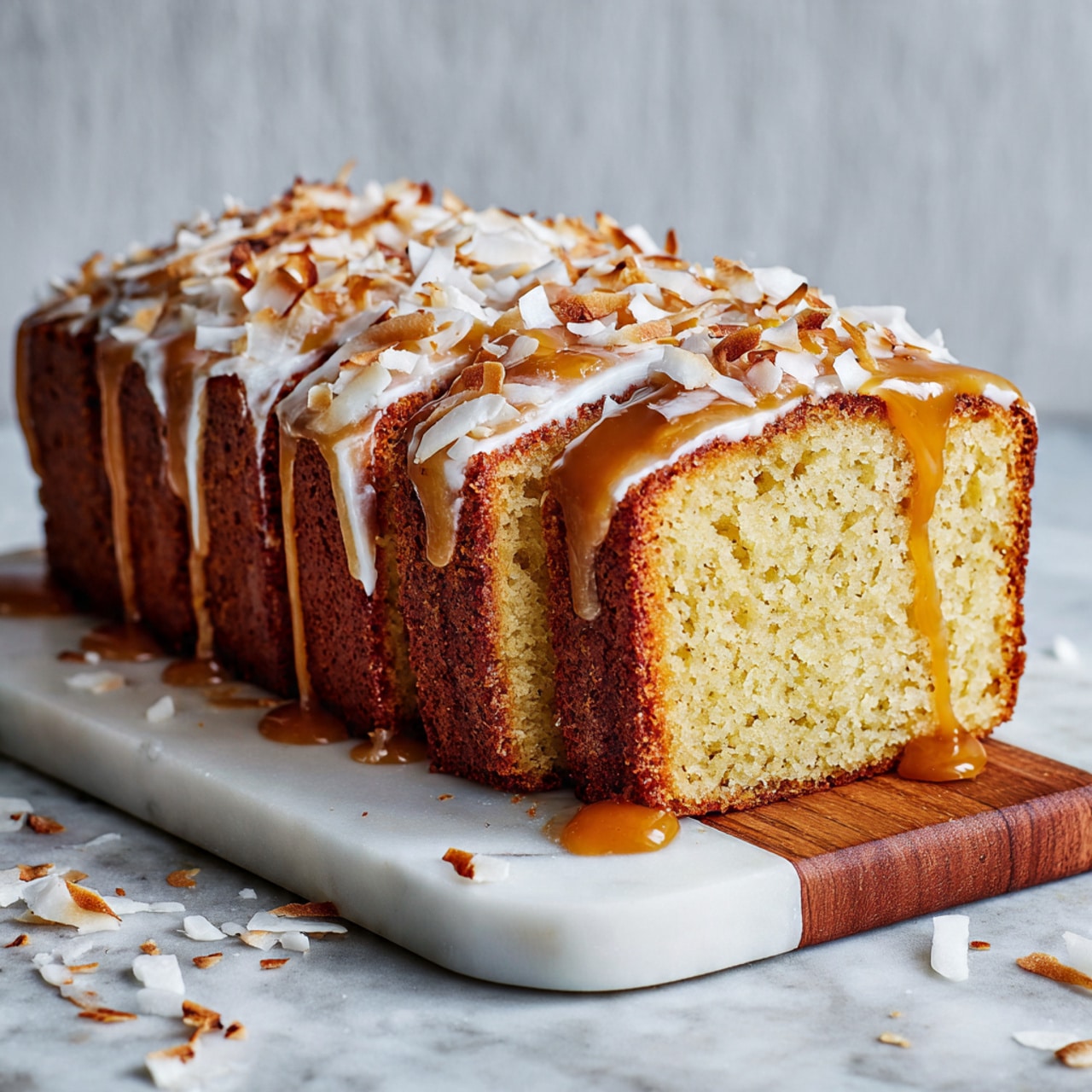 A sliced loaf cake sits on a white marbled board with a wooden base, showing five thick slices. The cake has a golden brown crust and a light yellow, moist inside with a soft texture. On top, a layer of caramel glaze drips down the sides, covered with toasted coconut flakes that are white with light brown edges. Some coconut flakes are scattered around the board on the white marbled surface. The background is a smooth light gray wall. photo taken with an iphone --ar 4:5 --v 7