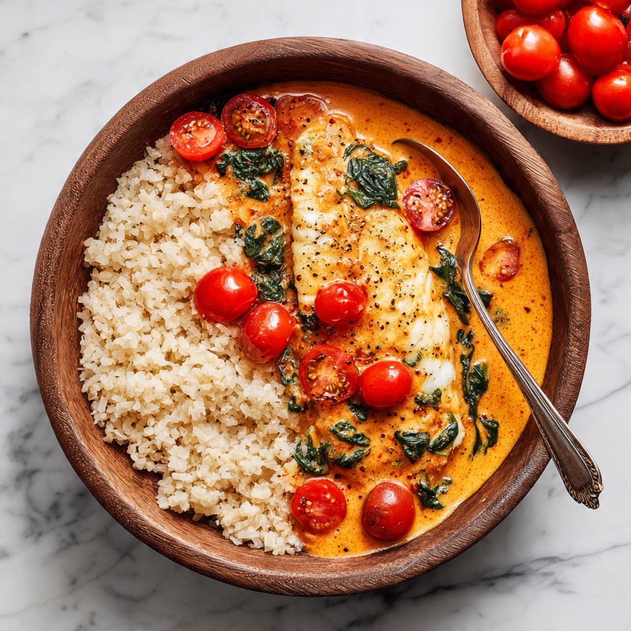 The dish shows a white bowl filled with three main layers: the base is light tan crushed grains that look soft, on top of this sits a thick orange creamy sauce with green leafy spinach mixed in, and bright red cherry tomatoes scattered throughout. The center features a large piece of grilled fish covered in the sauce, with small green herb sprinkles on top. A silver spoon rests inside the bowl on the right side. In the background, there is a wooden bowl filled with more red cherry tomatoes on a white marbled surface. photo taken with an iphone --ar 4:5 --v 7