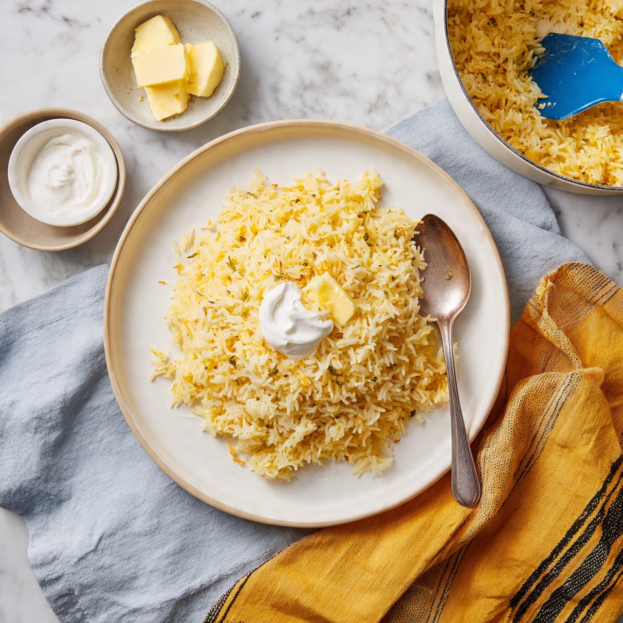 A white round plate holds one layer of yellowish rice mixed with herbs, giving it a slightly textured look. On top of the rice, there is a small white dollop of sour cream or yogurt near the center, and a small piece of light yellow butter melting into the rice close by. A silver spoon rests at the bottom right of the plate, partially dipped in the rice. In the top right corner, part of a white pot filled with the same yellow rice is visible, with a blue spatula inside. Surrounding the plate are a few small white bowls, one with some light yellow butter and another with white sour cream, all placed on a wrinkled pale blue cloth, which is on a white marbled surface. A mustard yellow cloth with black stripes is folded neatly near the bottom right of the image. Photo taken with an iphone --ar 4:5 --v 7