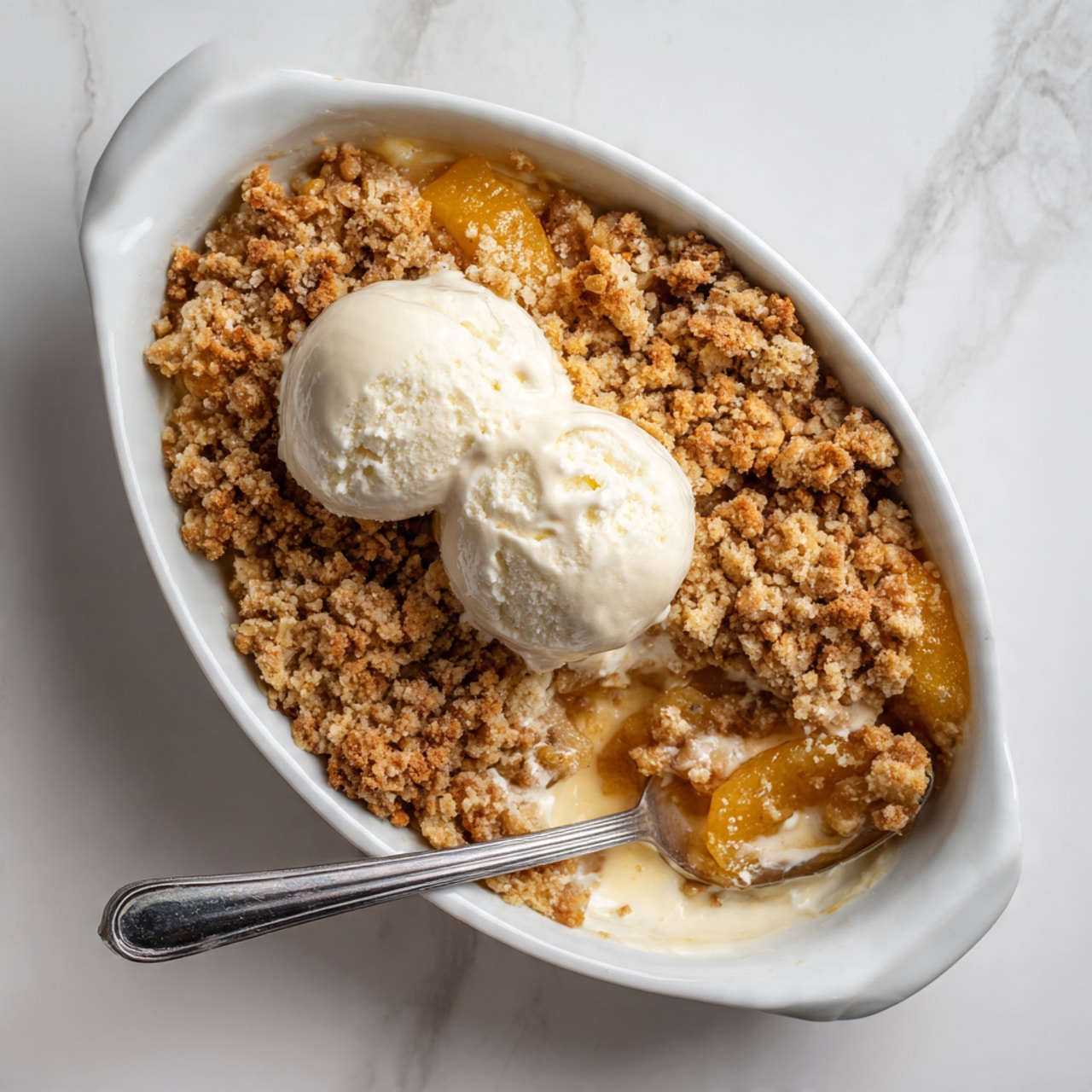 The image shows a close-up view of a warm apple crumble dessert in a white dish. The top layer is golden-brown and crunchy with visible oats and nut pieces. Underneath, there are soft, cooked apple chunks that are light yellow and coated in syrup. Two scoops of pale vanilla ice cream sit on one side, slowly melting and blending with the warm dessert. A silver spoon is partially visible on the left side, and the whole scene sits on a white marbled surface. Photo taken with an iphone --ar 4:5 --v 7