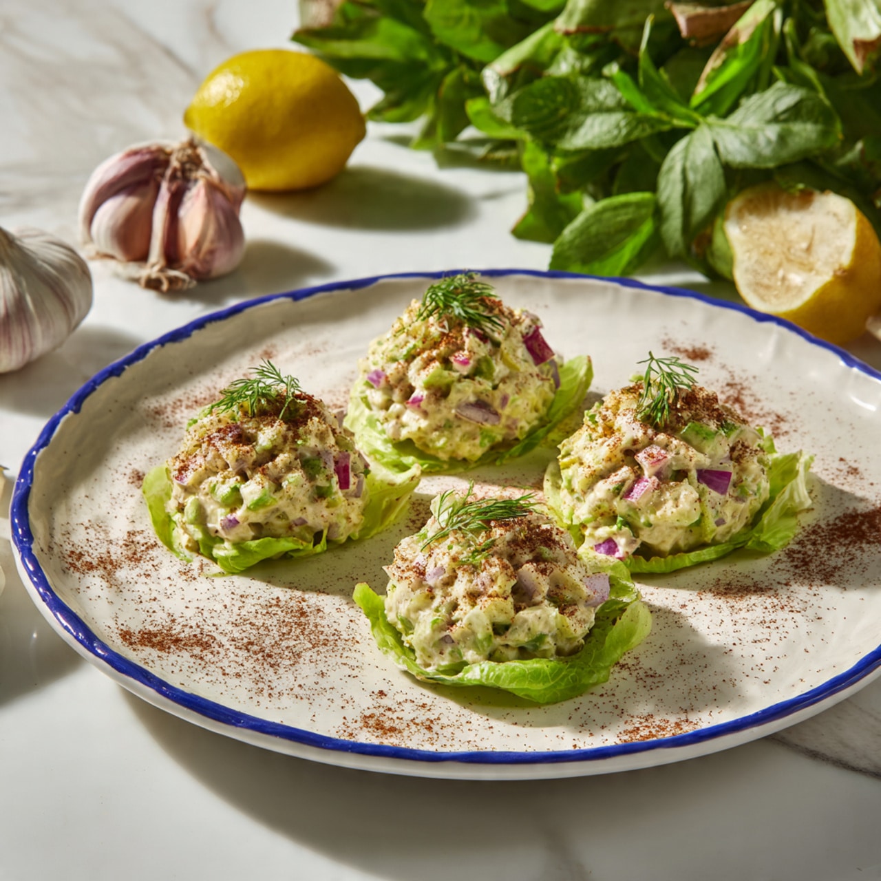 Three round, golden-brown patties with a slightly crispy texture sit in a row on a white rectangular plate with handles. Each patty is sprinkled with small white crumbles and fresh green parsley leaves. The plate is garnished with a few sprigs of parsley on the left side and two lemon wedges on the right side. The white marbled surface beneath the plate adds a clean, bright background, alongside a blue patterned cloth on the upper right and a bulb of garlic and a bowl of crumbled cheese blurred softly in the upper background. photo taken with an iphone --ar 4:5 --v 7