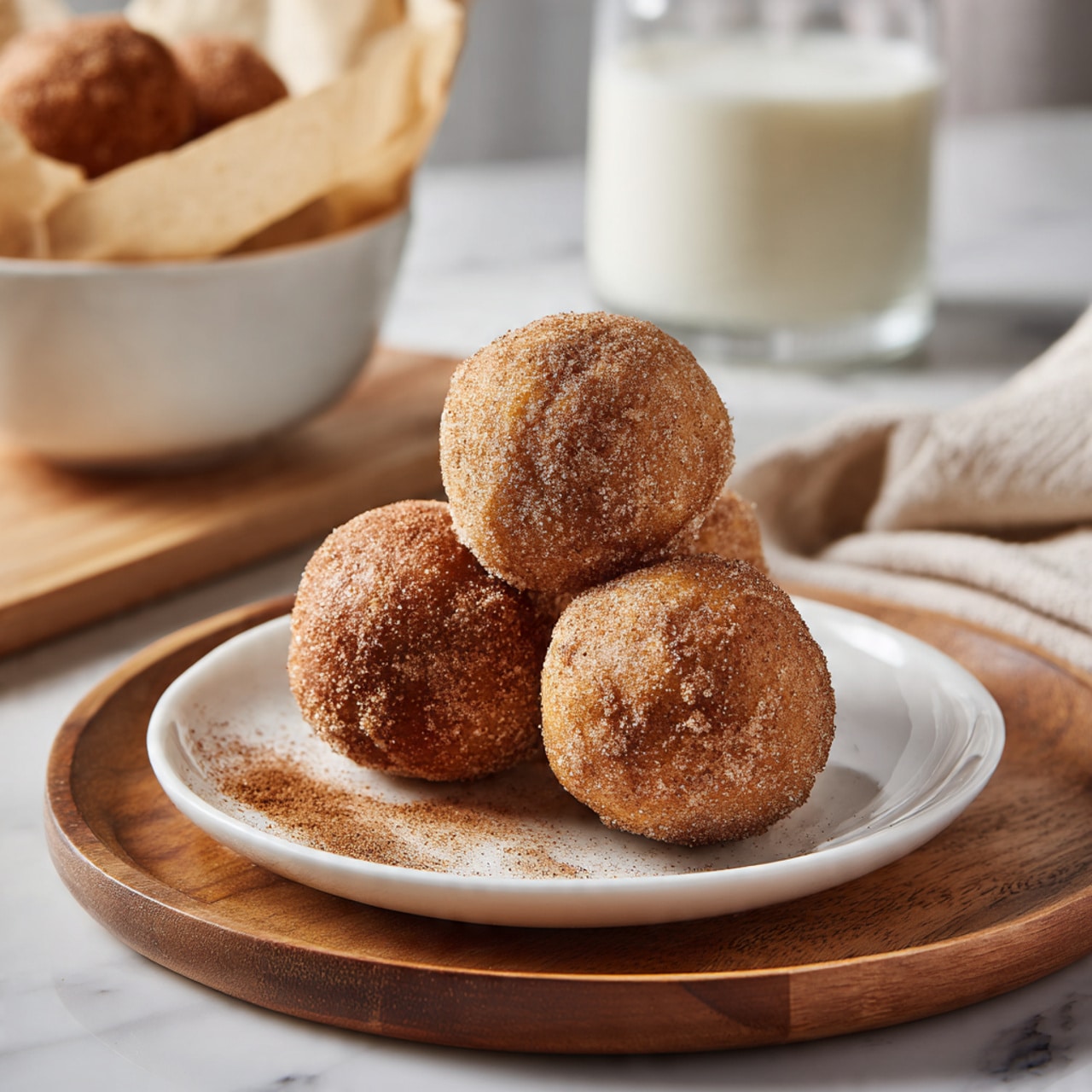 A pile of small round cakes with a golden brown outside covered in a fine layer of cinnamon sugar, with two of the cakes broken open to show a soft, light yellow, fluffy inside. The cakes have a slightly rough texture on the outside from the sugar coating. In the background there are blurry green leaves and white flowers, all set on a white marbled surface. photo taken with an iphone --ar 4:5 --v 7