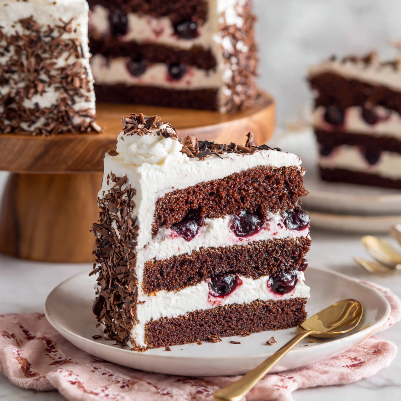 A tall layered chocolate cake with four dark brown cake layers, separated by white cream layers with hints of red cherry filling visible inside. The outside is covered in smooth white cream, with chocolate drips down from the top edge. The top surface is decorated with swirls of white cream topped with whole dark red cherries around the edge and sprinkled with chocolate shavings in the center. The cake sits on a wooden stand on a white marbled surface. In the background, a slice of the same cake is on a white plate, and there are clear glasses and a small vase with white flowers. photo taken with an iphone --ar 4:5 --v 7