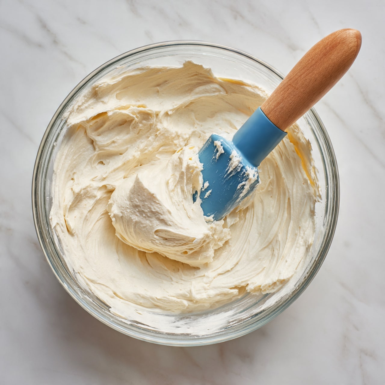 A white bowl filled with two layers: the bottom layer has fresh red strawberries and dark blue blueberries scattered evenly, some strawberries are halved showing their bright red interior, while the top layer is a large scoop of smooth, creamy white whipped topping, slightly soft and fluffy in texture. A woman's hand is holding a wooden spoon above the bowl, dropping more of the creamy topping onto the fruit. A small green mint leaf is placed next to the fruit inside the bowl. A red strawberry and several blueberries are visible on a white marbled surface around the bowl. Photo taken with an iphone --ar 4:5 --v 7
