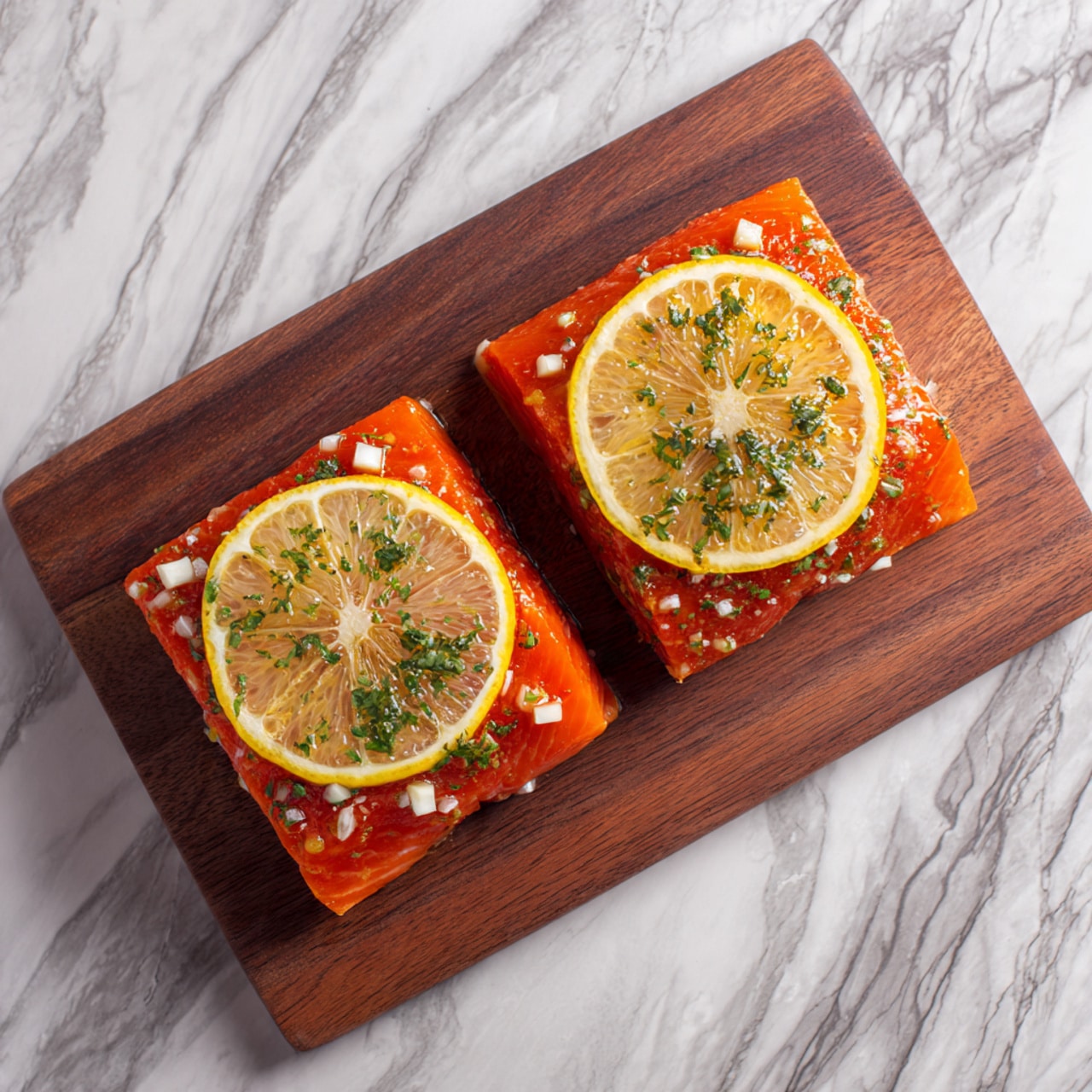 The image shows two square pieces of raw salmon with a bright orange color. Each salmon piece is topped with a yellow lemon slice and sprinkled with green herbs and small white garlic pieces. The salmon sits on a dark wooden cutting board with visible wood grain texture. The background features a white marbled texture. photo taken with an iphone --ar 4:5 --v 7