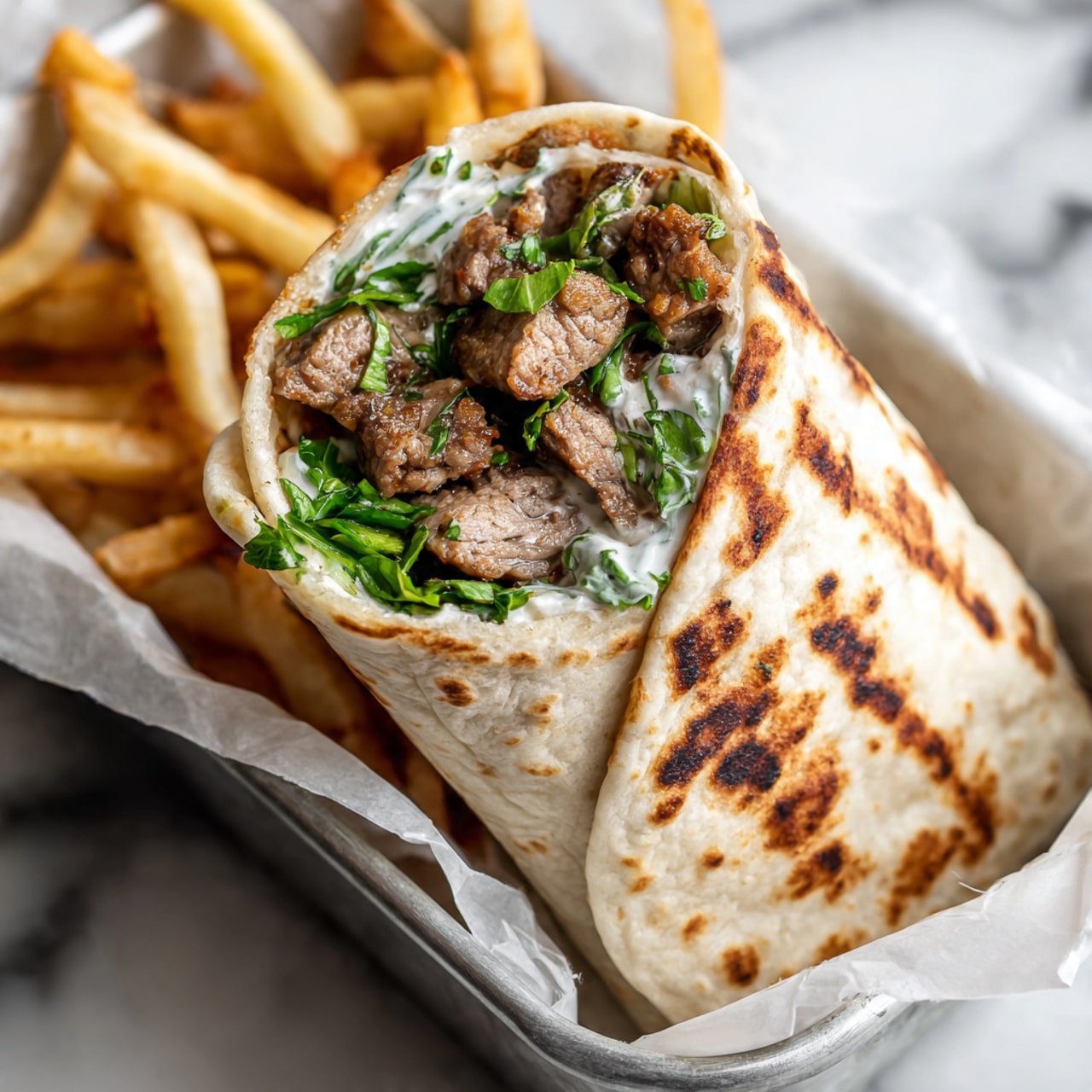 Three rolled flatbreads are shown on crumpled parchment paper on a wooden board, each flatbread lightly browned with some darker spots and folded around pieces of light brown cooked meat mixed with small flecks of red, along with some green leafy herbs and thin white onion slices. To the left, a white plate holds fresh green mint leaves and extra thin white onion slices, with a small glass bowl of white sauce and golden yellow fries blurred in the background. The scene is set on a white marbled surface. Photo taken with an iphone --ar 4:5 --v 7