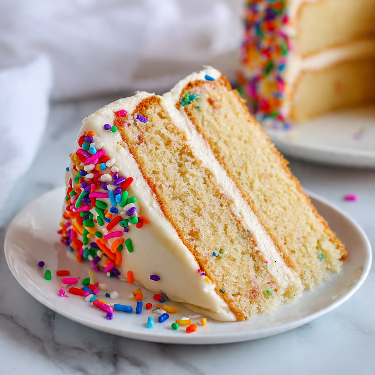 A slice of two-layer vanilla cake with light golden sponge. Each layer is separated by a smooth, thick white frosting, which also covers the whole cake. The top is decorated with colorful rainbow sprinkles that add bright spots of red, blue, green, orange, purple, and yellow. The cake sits on a white plate on a white marbled surface, and there is a blurred background showing more cake. Photo taken with an iphone --ar 4:5 --v 7