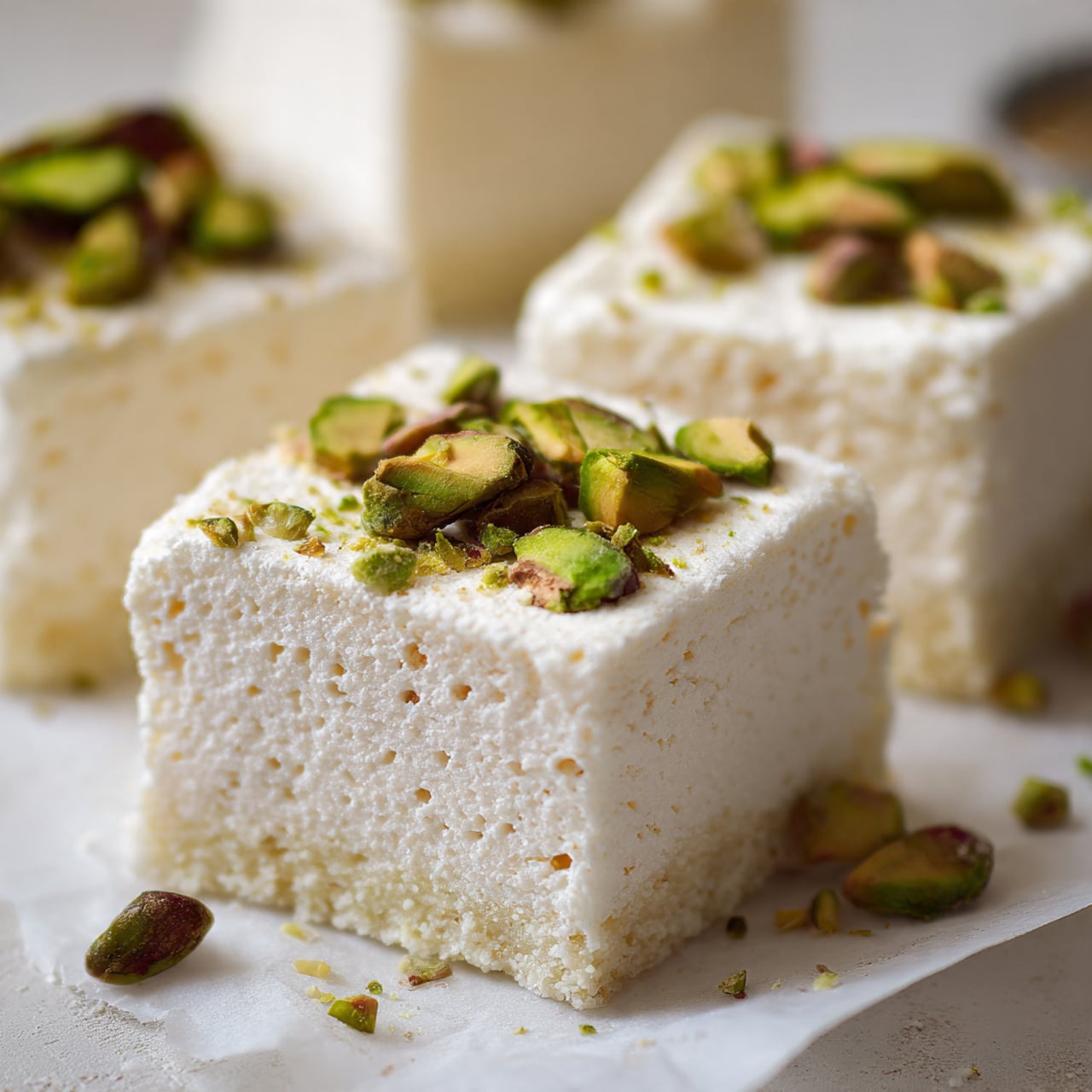 The image shows a close-up view of a white sweet dessert cut into square pieces, each piece lightly textured with small holes and sprinkled with thinly sliced green pistachios on top. The dessert is set on a white surface with a soft focus background that includes another dish. The dessert has one thick creamy white layer that looks smooth and dense, and the pistachio slices add a contrasting color and slight crunch on the surface. Photo taken with an iphone --ar 4:5 --v 7