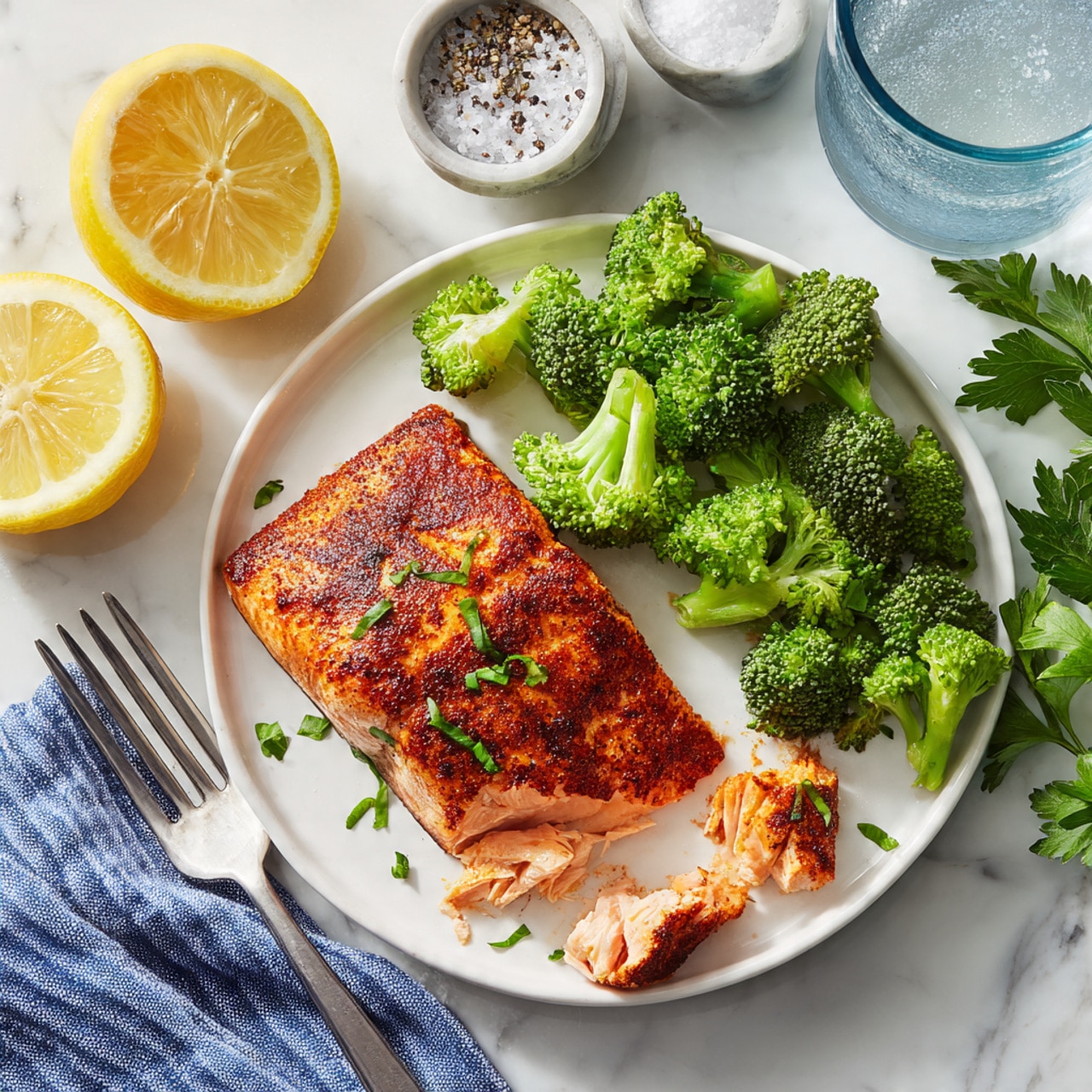 Two pieces of cooked salmon lie side by side on a white plate, each having a crispy orange-brown top layer with visible grill marks and small green herbs sprinkled all over. Around the edges of the plate are bright green parsley leaves and a few lemon halves with a soft yellow color. In the background, small green broccoli florets add fresh color, and a silver fork and spoon rest on the plate’s right side. The plate is set on a white marbled surface. Photo taken with an iphone --ar 4:5 --v 7