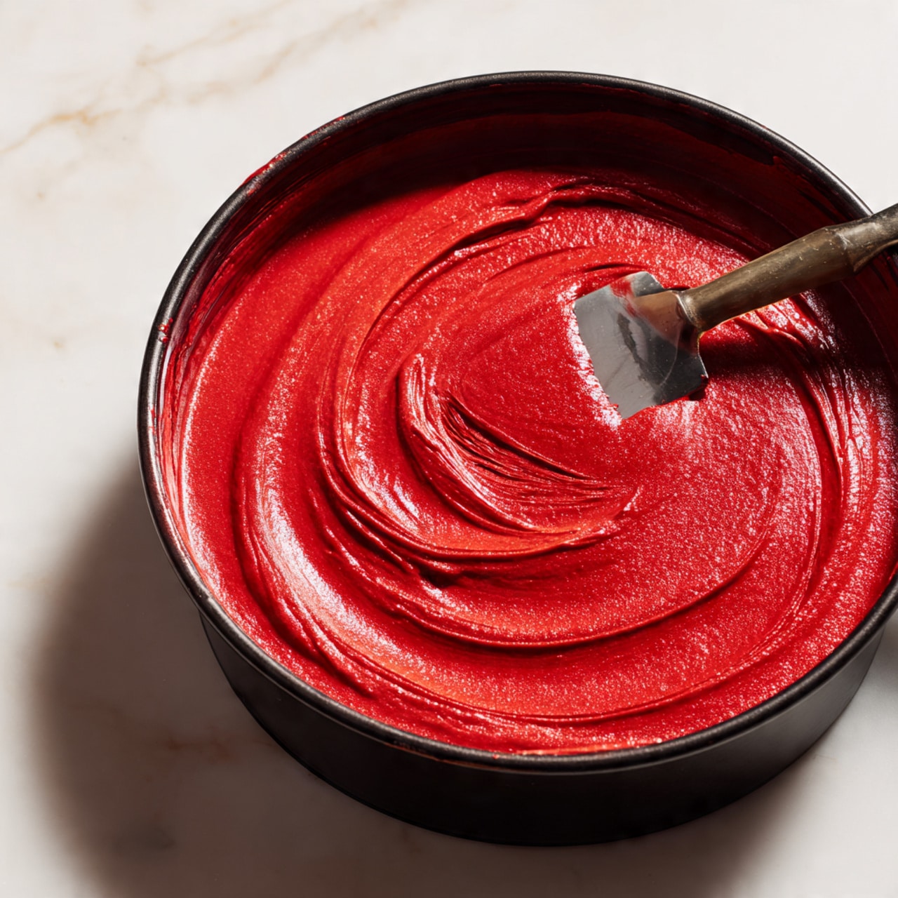 The image shows a close-up of a slice of cake with three clear layers: a dark brown bottom layer that looks like a firm chocolate crust, a thick middle layer of smooth, bright red filling, and a thick top layer of white whipped cream with soft swirls. The whipped cream is sprinkled with thin dark chocolate shavings. The slice is placed on a wooden board with some chocolate shavings scattered around it. The background has a soft blur with light coming from behind. photo taken with an iphone --ar 4:5 --v 7