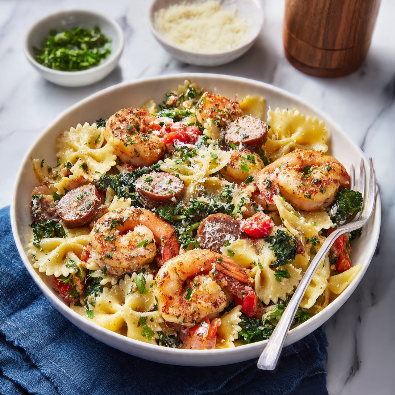 A white bowl filled with a colorful mix of farfalle pasta, large shrimp with a light reddish seasoning, sliced sausage rounds, and pieces of green leafy herbs layered evenly throughout. The pasta is pale yellow, the sausage is brown with a slightly crispy look, and the shrimp are plump with a slight shine. Small chunks of red tomatoes and bits of green vegetables add pops of color, all resting on a white marbled surface with a blue cloth underneath. In the background, there are small white bowls with green herbs and grated cheese, and a wooden container. A fork is placed inside the bowl, ready to eat. Photo taken with an iphone --ar 4:5 --v 7