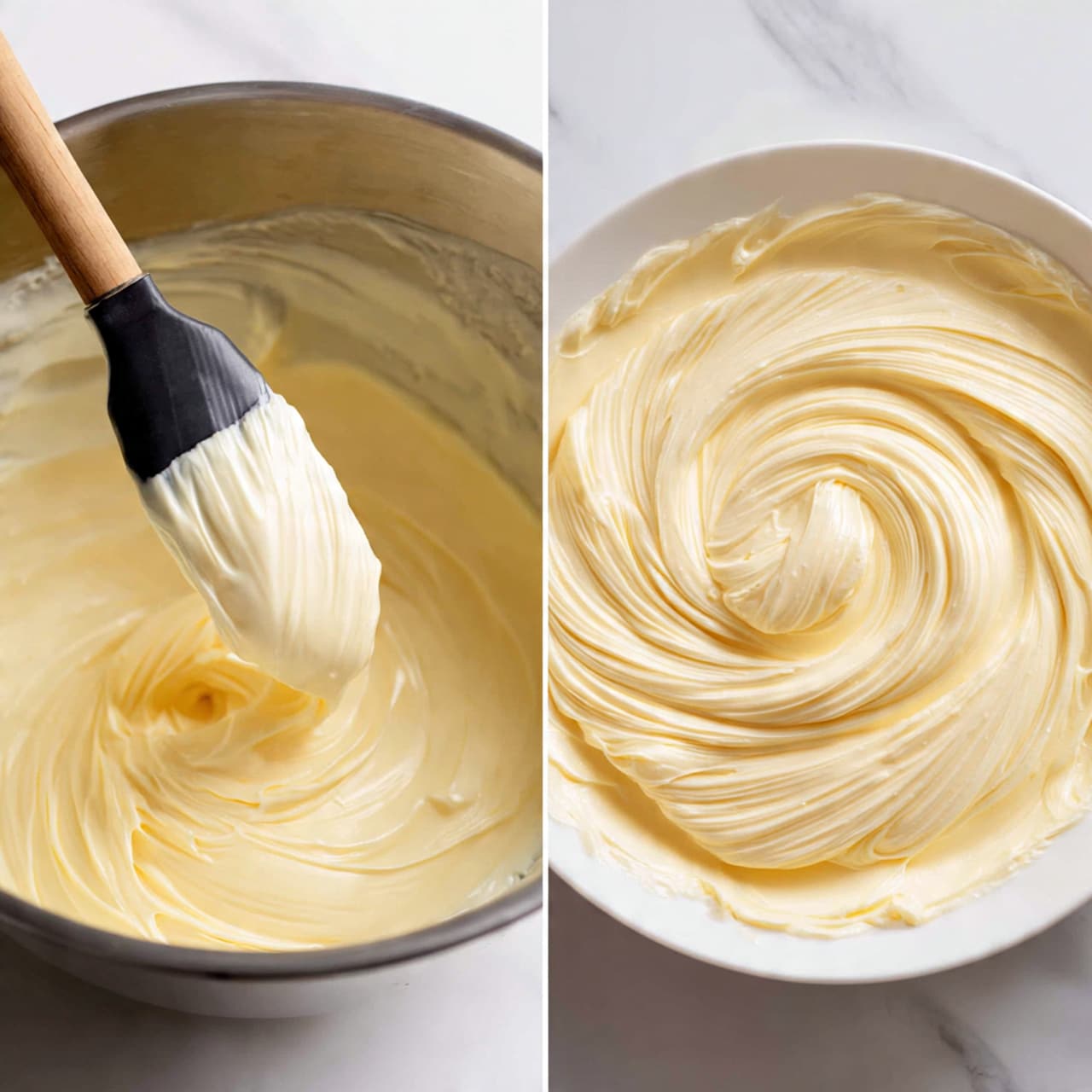 A close-up view of a slice of two-layer cake on a white plate, with a woman's hand holding a fork cutting into the piece. The bottom layer is a dark brown cake with visible bits of nuts or fruit, showing a slightly rough texture, while the top layer is thick, smooth, creamy white frosting that also covers the sides of the cake. The background is a white marbled texture, giving a clean and bright look. Photo taken with an iphone --ar 4:5 --v 7