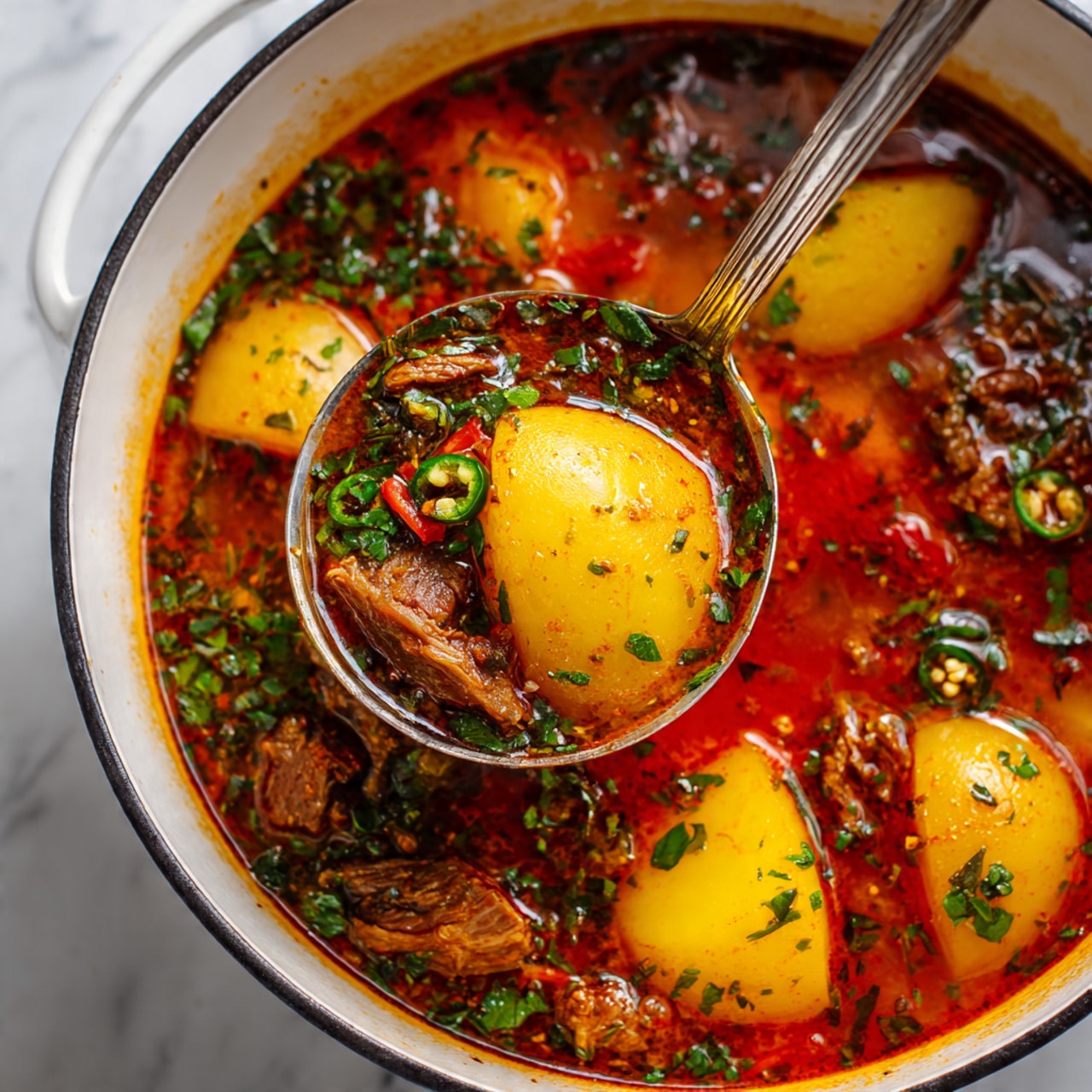 A large white pot filled with a stew that has two main layers visible: the bottom layer is dark brown with chunks of soft meat, and the top layer is a brighter orange-red oily broth with large pieces of yellow potato floating in it, giving a rich and hearty look. The inside walls of the pot show orange splashes of sauce, and the background is a pink tiled surface, changed to white marbled texture for the image. Photo taken with an iphone --ar 4:5 --v 7
