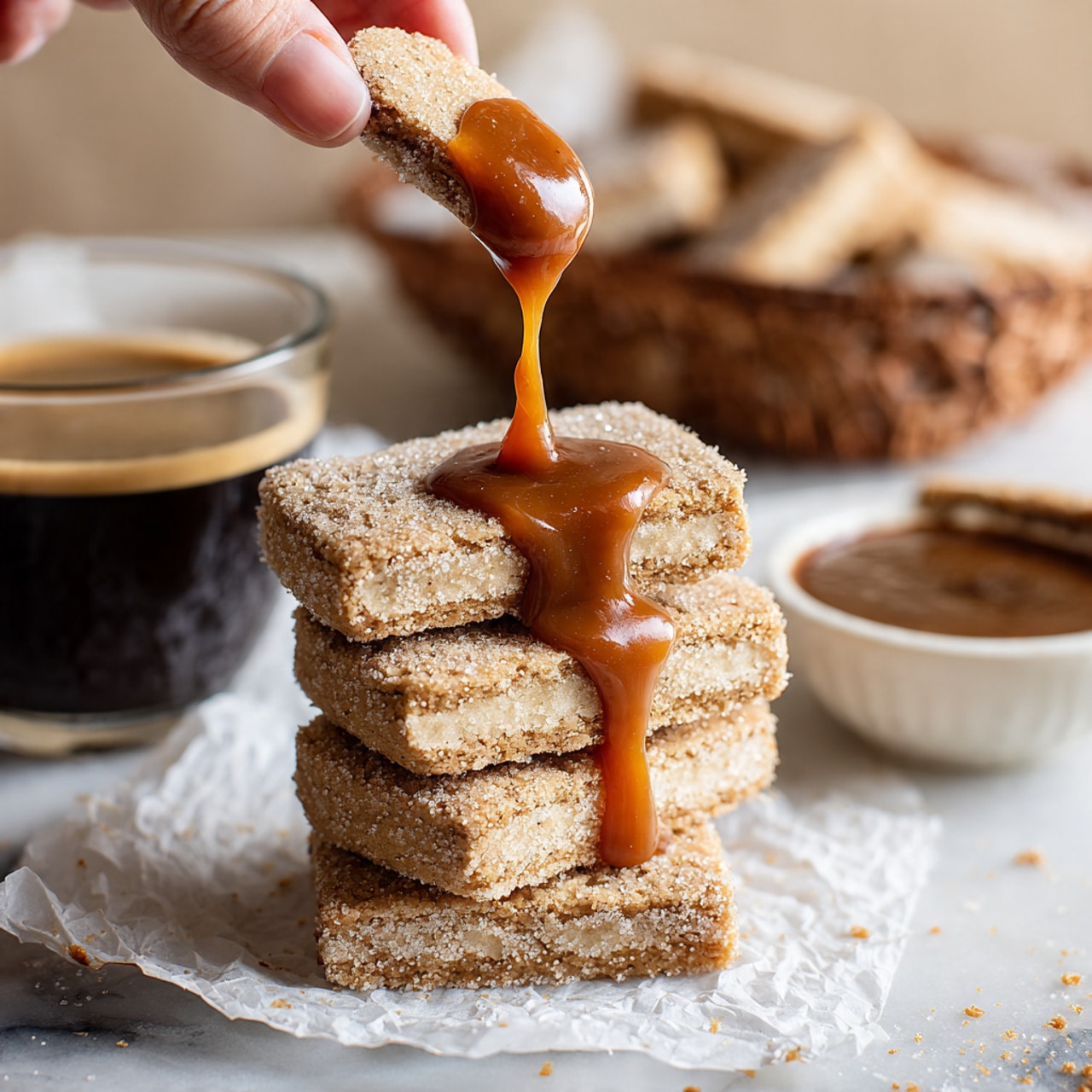 A white container lined with crinkled white paper holds many golden brown churros that are rectangular and coated lightly with sugar, arranged in a neat pile. Inside the container, near the bottom left, there is a small white bowl filled with smooth caramel sauce, with one churro dipped in it resting on the edge of the bowl. Above the container, on a white marbled surface, a spilled glass bottle of milk lies diagonally, with milk splashing out along a red and white striped straw next to a smaller glass bottle filled with milk and also holding a red and white striped straw. Photo taken with an iphone --ar 4:5 --v 7