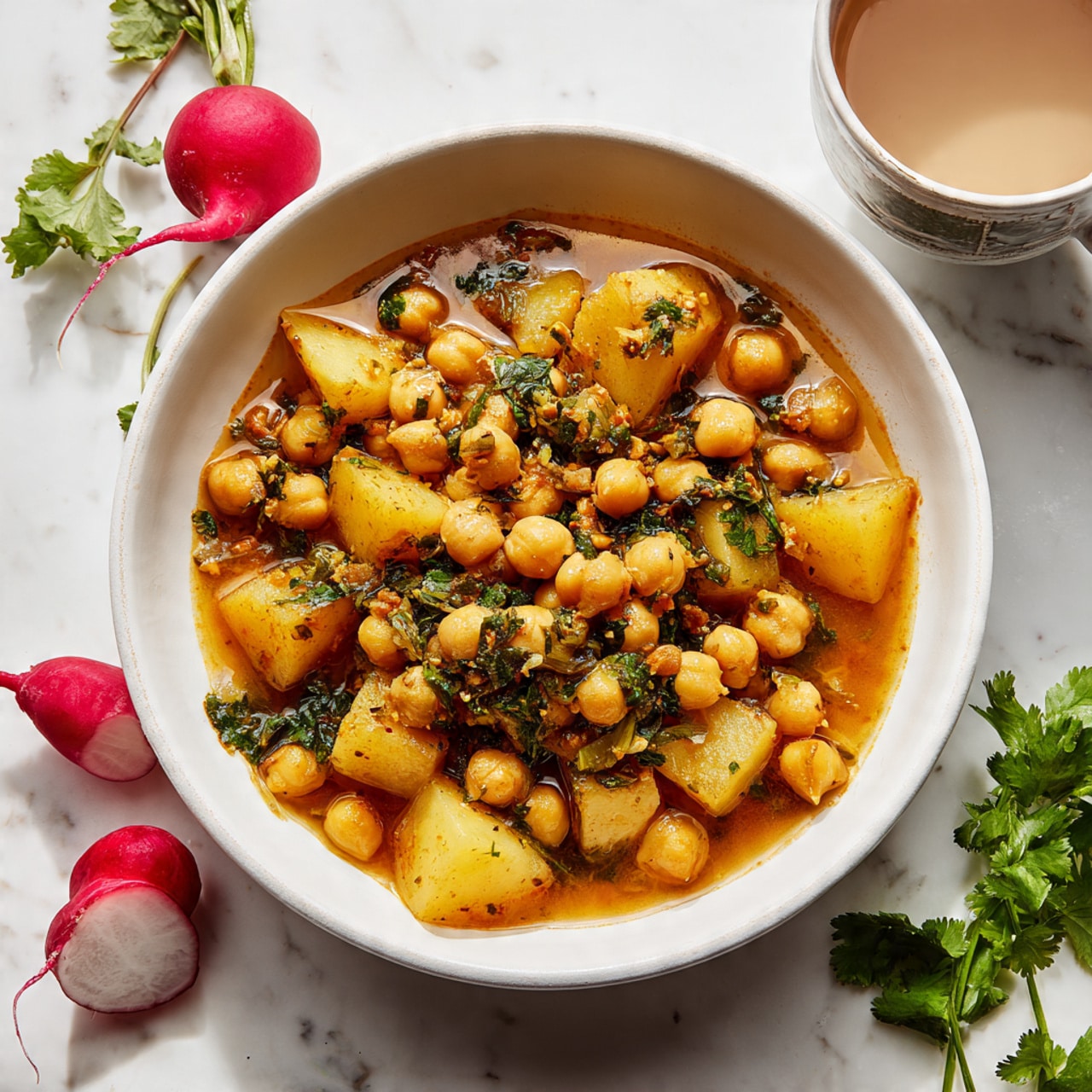 A bowl of chickpeas cooked in a rich orange-brown sauce with pieces of potatoes and chopped green cilantro on top, placed on a white marble platter with a rose gold base and small round feet, garnished with some cilantro leaves and small pieces of sliced red onion on the white marbled surface next to it. In the background, there is a white plate with a heap of white rice mixed with small green herbs and thin slices of red onion, a small yellow bowl with yellow condiment and black mustard seeds, a wedge of lemon, a green glass, and two copper-handled spoons resting on the white marbled surface. The photo taken with an iphone --ar 4:5 --v 7