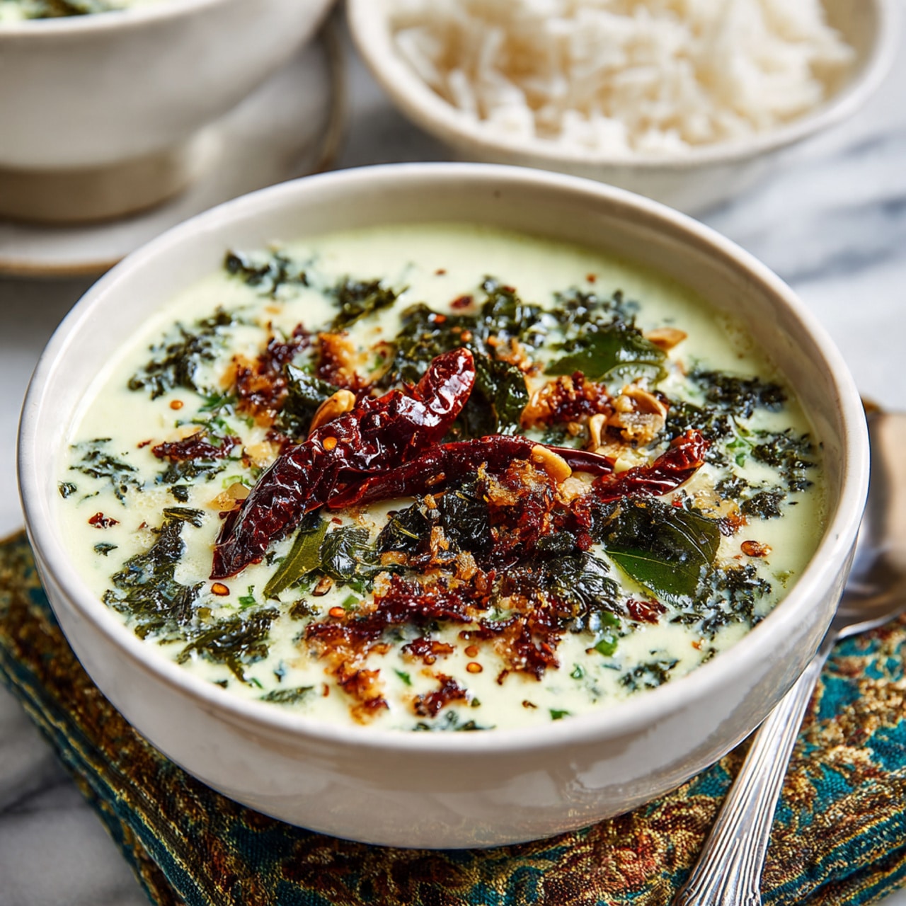 A light pink bowl filled with a creamy white yogurt sauce mixed with green herbs, topped with shiny dark brown fried spices and green curry leaves, with small brown cumin seeds scattered over the surface. The bowl sits on a blue and orange patterned cloth over a white marbled texture surface. A metal spoon rests inside the bowl on the right side. Photo taken with an iphone --ar 4:5 --v 7