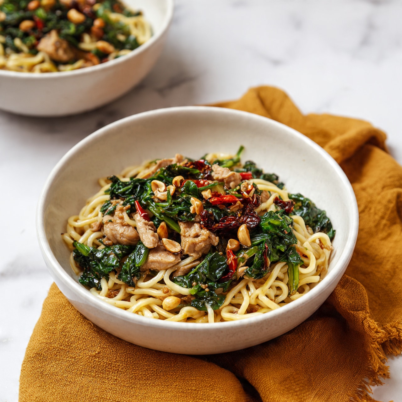 A close-up view of a cooked dish in a large pan showing three main layers mixed together. The first layer is thin and light yellow spaghetti-like noodles, soft and slightly wet. The second layer has pieces of light brown cooked chicken scattered all over. The third layer includes dark green wilted spinach leaves and dark red dried tomato pieces mixed through the dish. There are small bits of onion and seasoning adding texture, and the food looks warm and well-cooked with slight oil shine. The pan is placed on a white marbled surface with a fringed yellow cloth partly visible below it. photo taken with an iphone --ar 4:5 --v 7