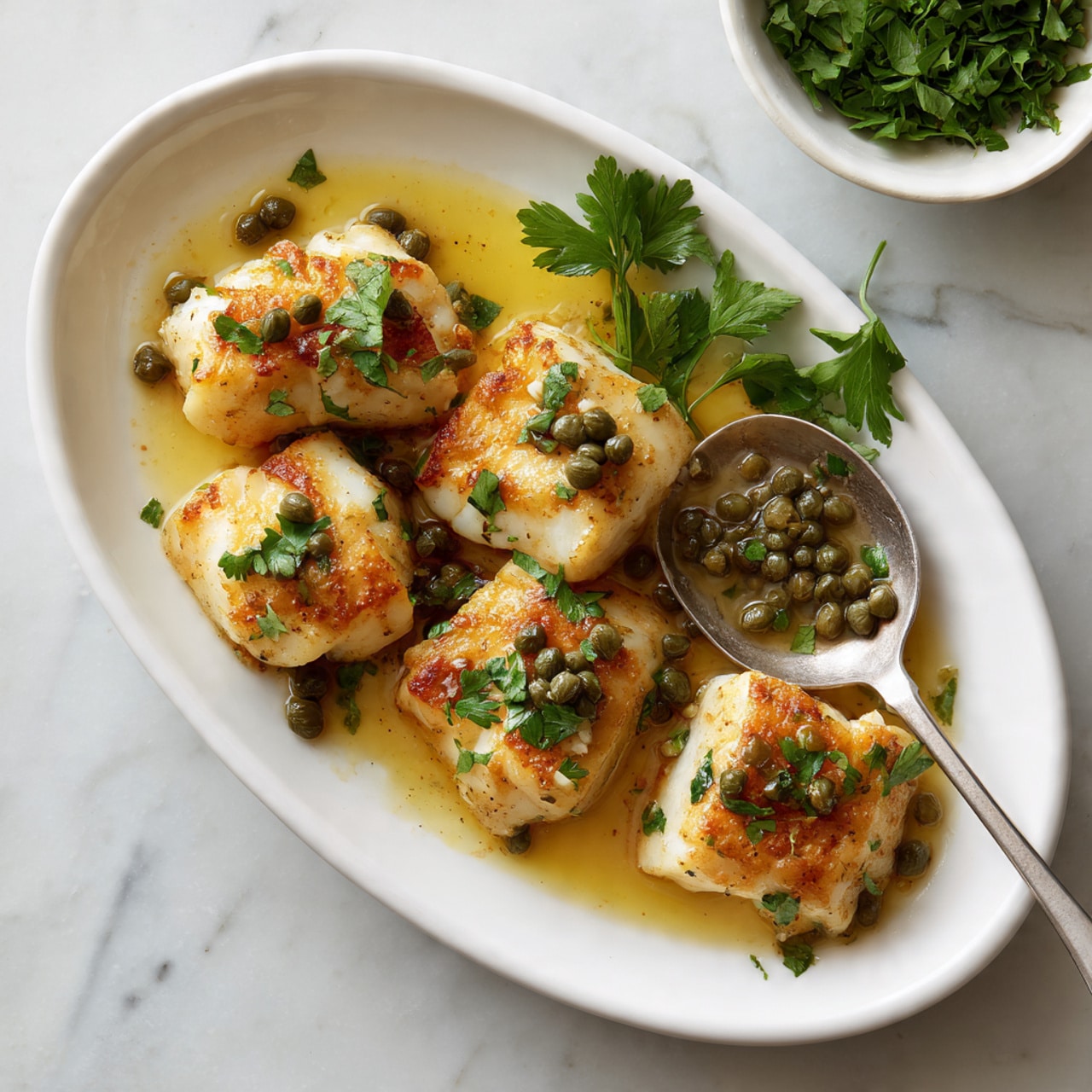 A white oval plate holds six pieces of golden-brown cooked fish, each topped with small green capers and fresh green parsley leaves. The fish is covered with a light sauce that pools around the pieces, shining with a warm yellow color. On the right side of the plate, a silver spoon scoops some of the fish, and a small bunch of green parsley sits nearby. In the background, part of a white bowl filled with more capers can be seen, all placed on a white marbled surface. The overall look is fresh and appetizing, with layers of light brown fish, green herbs, and capers creating a colorful contrast. photo taken with an iphone --ar 4:5 --v 7