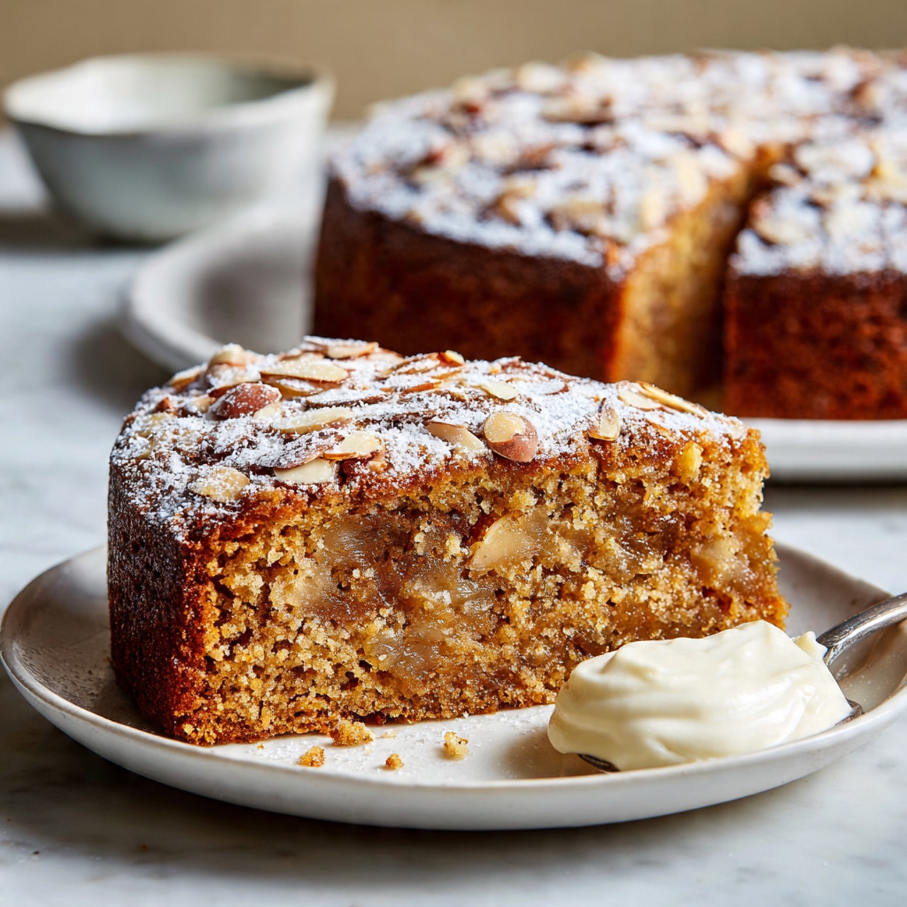 The image shows a round, two-layer apple cake on a round wire rack with a slice being lifted on a white cake server. The cake has a brown, textured surface with apple chunks visible inside and sliced almonds sprinkled on top with a dusting of powdered sugar. The slice reveals a moist, dense interior with apple pieces throughout. The background shows a white plate with another slice of cake, some apple slices, a white mug, and a white marbled surface under everything. photo taken with an iphone --ar 4:5 --v 7