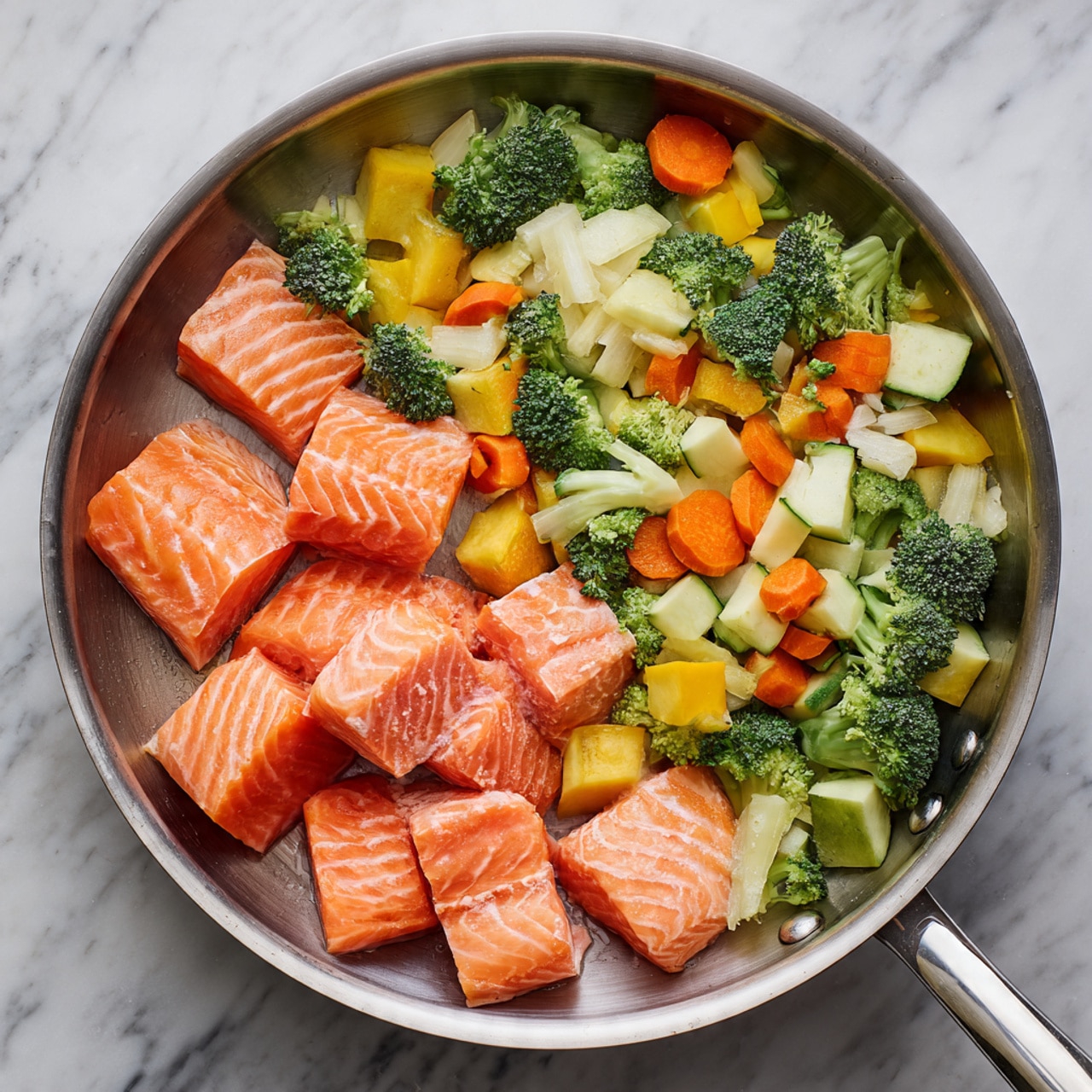 The image shows a silver pan filled with a colorful stir-fry dish. The dish has several layers: bright orange carrot slices, green broccoli florets, light green pieces of zucchini, red bell pepper strips, and chunks of light pink cooked salmon sprinkled with white sesame seeds. Small pieces of green onion are scattered on top, adding a fresh touch. In the background, there is a small white bowl containing red chili flakes, all placed on a white marbled surface. photo taken with an iphone --ar 4:5 --v 7