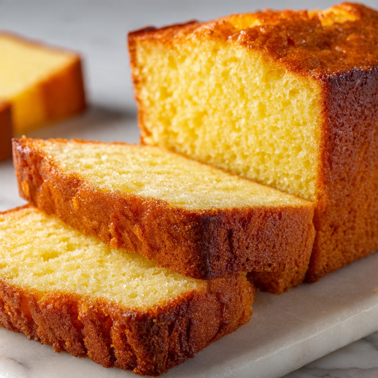 The image shows a loaf of golden-brown cake with a slightly cracked top layer, sitting on crumpled white parchment paper over a white marbled surface. Two slices of the same cake, with a moist and light yellow interior, are placed behind the loaf. Several small, bright pink flowers with white edges are scattered on the cake and around it, adding a pop of color. A knife with a metallic blade and a pale yellow handle rests on the right side next to the cake. In the bottom right corner, a blurred bunch of similar pink flowers adds depth to the scene photo taken with an iphone --ar 4:5 --v 7