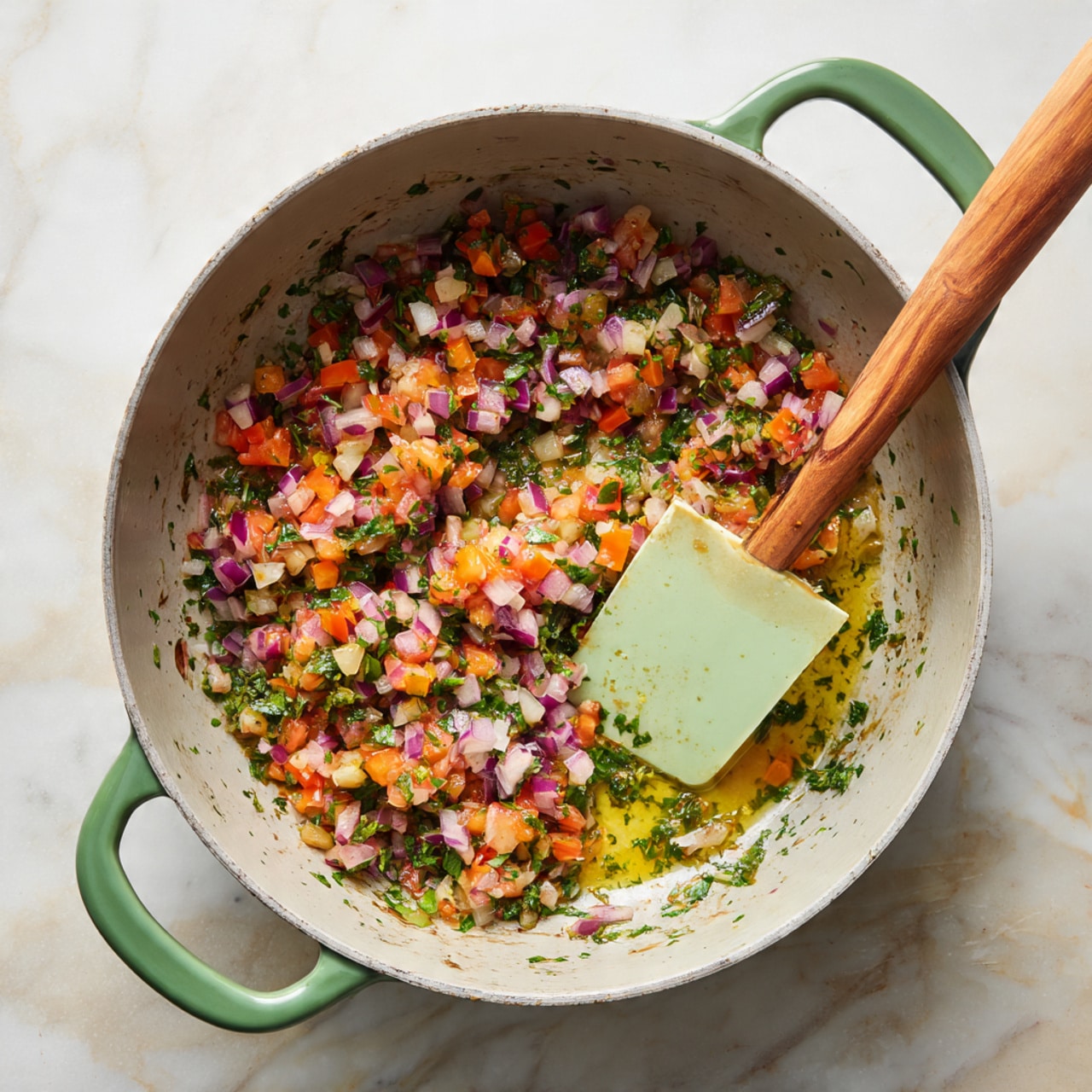 Inside a light gray pan with green handles, there is a mixture of finely chopped vegetables including small pieces of orange tomato, purple onion, and green herbs, all blended together with a light drizzle of oil. A light green spatula with a wooden handle rests on the right side of the pan, partially stirring the colorful vegetable mix. The background shows a white marbled surface. photo taken with an iphone --ar 4:5 --v 7